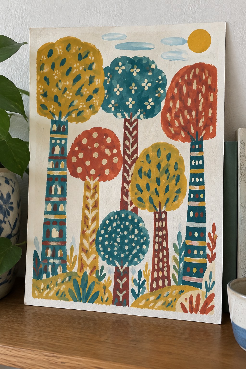 Folk-style painting of vibrant trees with patterned trunks, yellow sun, and hills