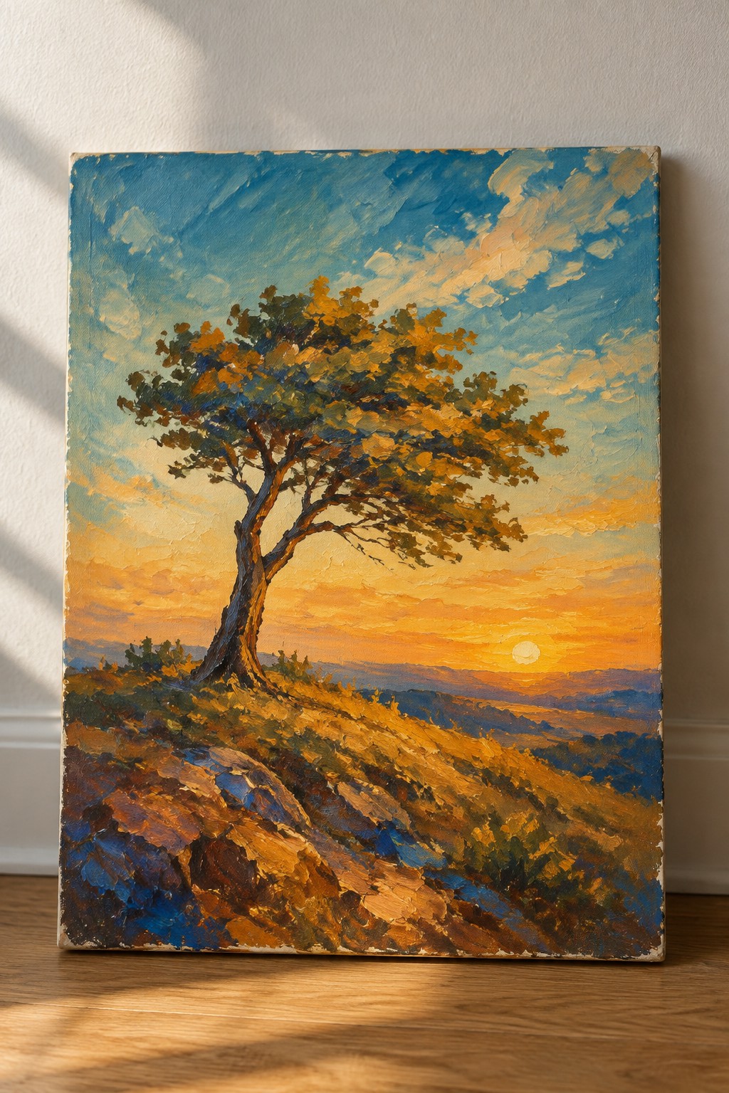 Vibrant impasto painting of lone golden tree on rocky hill at sunset