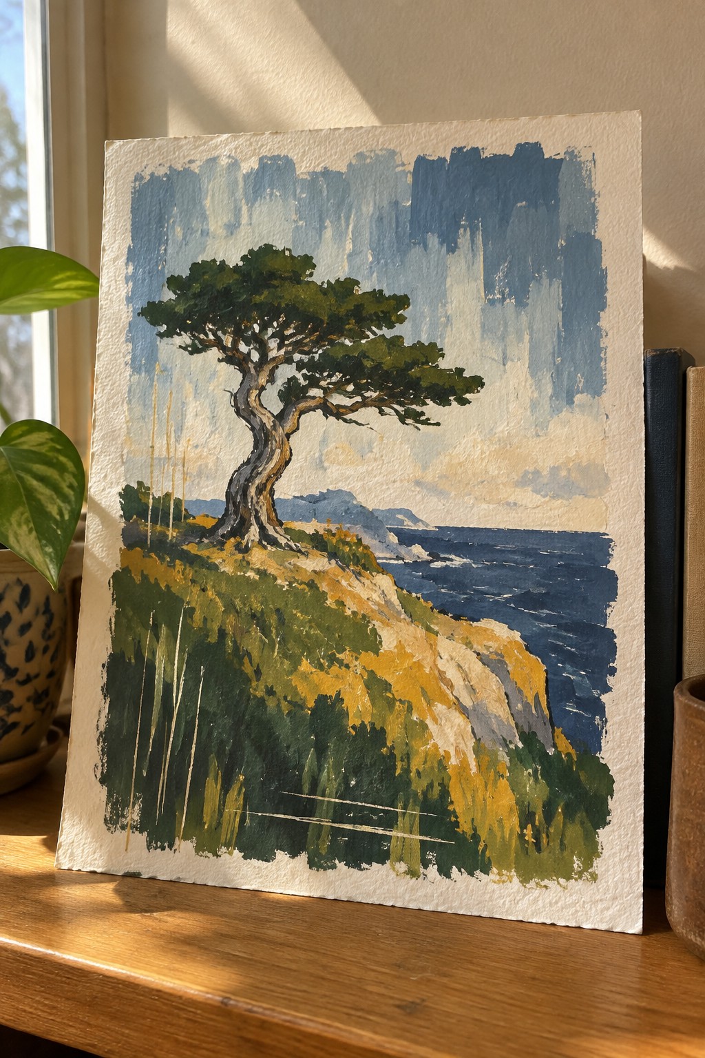 Colorful painting of windswept tree on grassy cliff above blue ocean