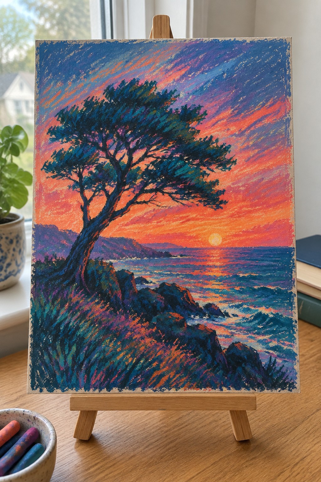Vibrant pastel sunset over ocean with windswept tree on rocky cliffs, on wooden easel.