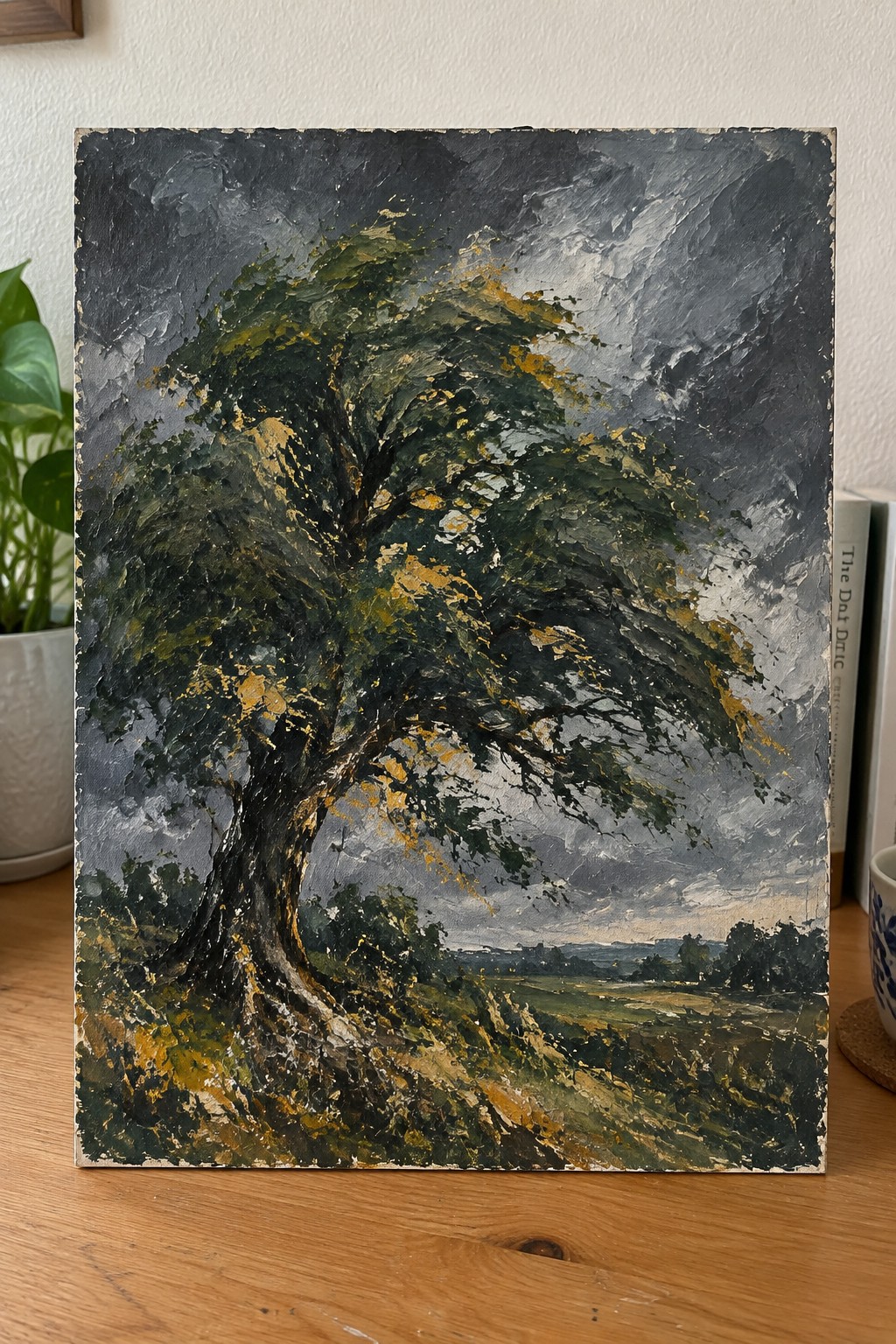 Oil painting of windswept tree with dark green and gold leaves under stormy skies