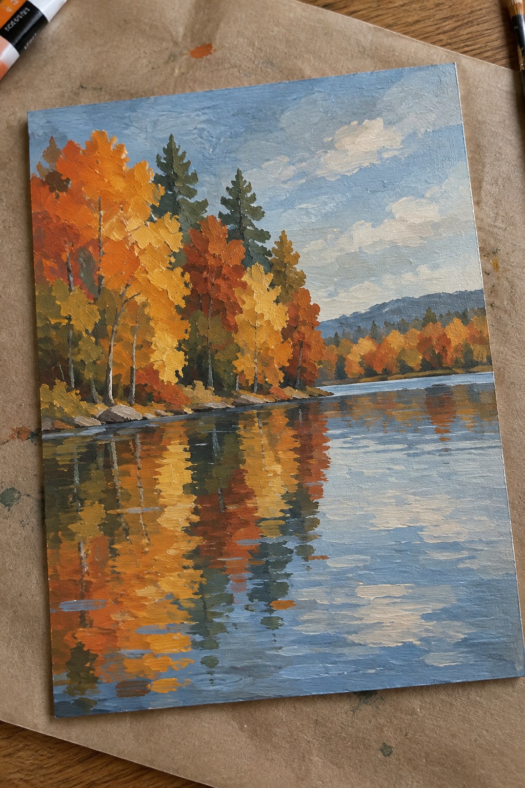 Vibrant oil painting of autumn trees with orange and red foliage reflected in a calm lake.