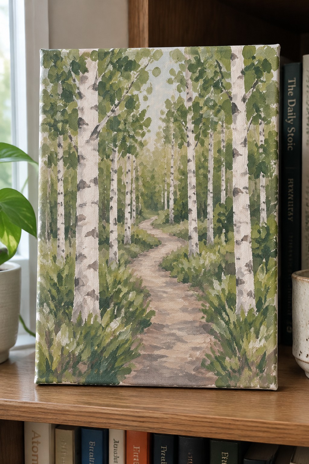 Painting of winding path through white birch trees in green forest on bookshelf.