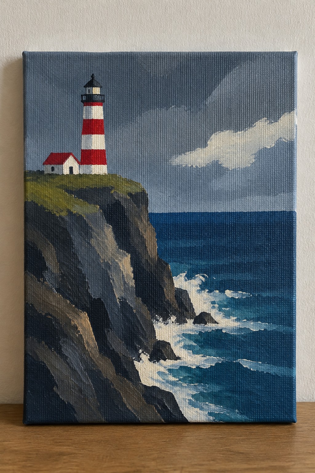 Red and white striped lighthouse on grassy cliff above crashing blue ocean waves in painting.