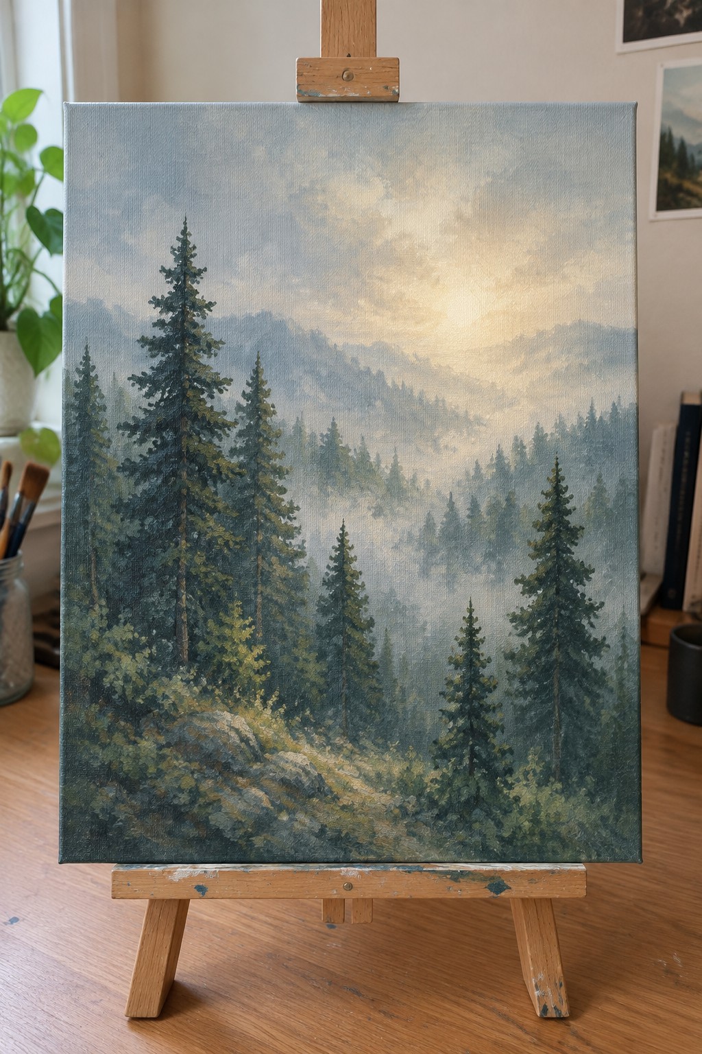 Misty pine forest landscape painting on wooden easel in studio setting