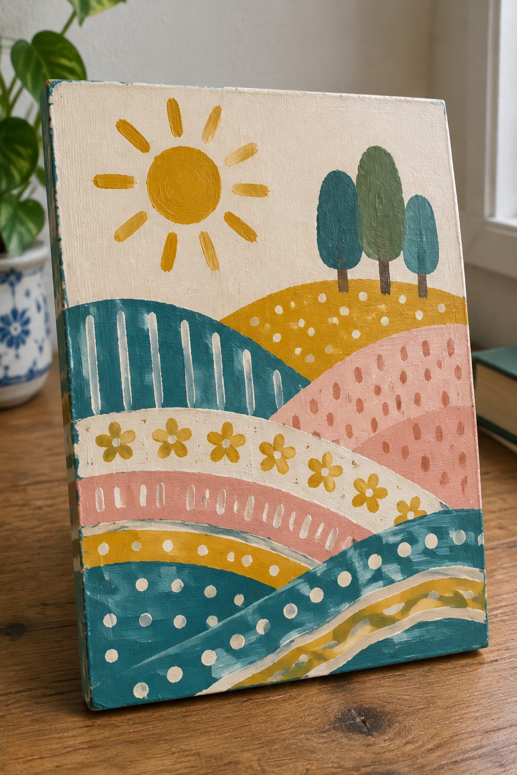 Colorful folk art painting of sun, trees, and patterned rolling hills on canvas