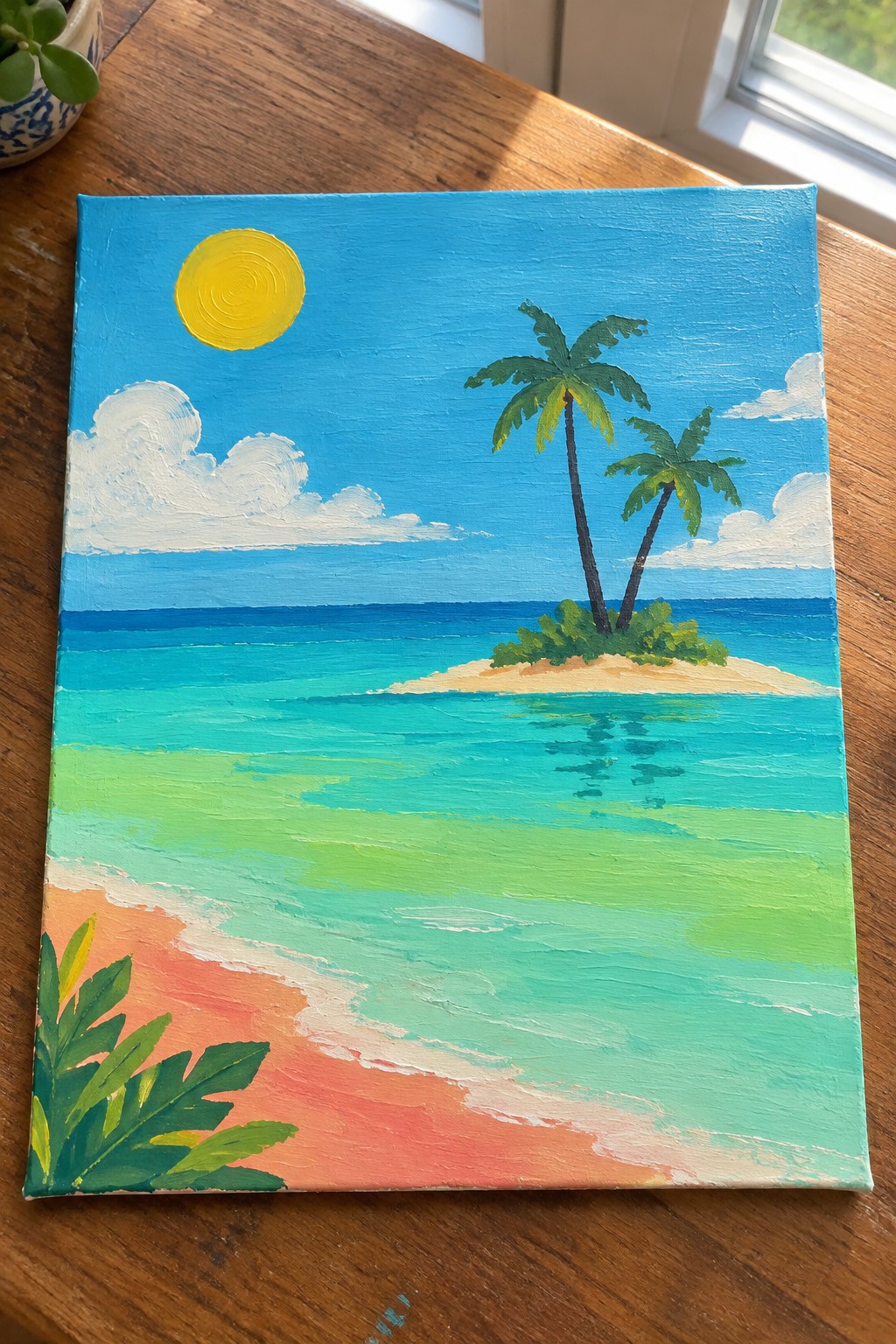 Vibrant acrylic painting of tropical beach with palm trees, turquoise ocean, and yellow sun