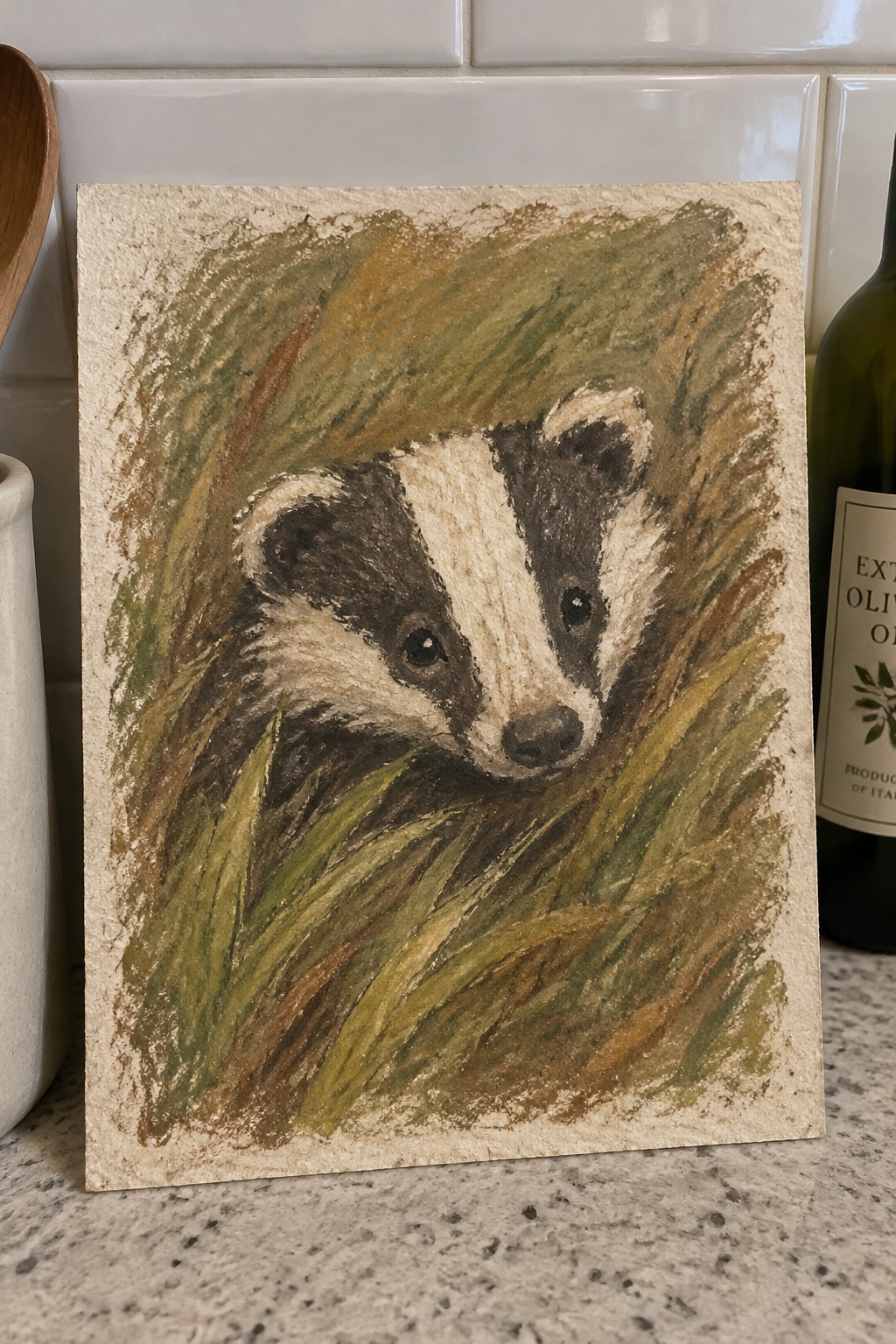 Watercolor painting of a badger peeking from green and brown grass on textured paper