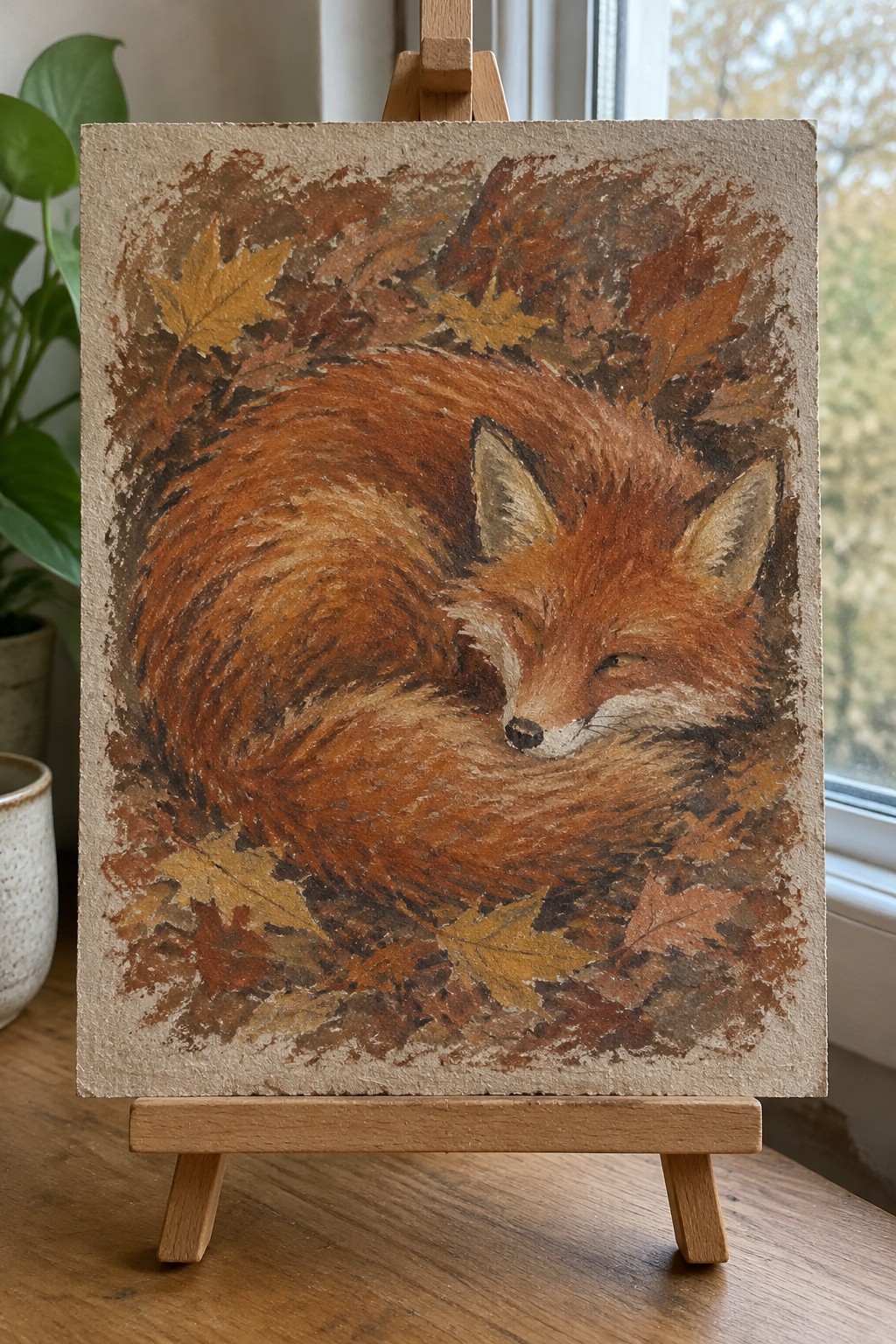 Sleeping red fox curled amid autumn leaves on textured paper atop wooden easel