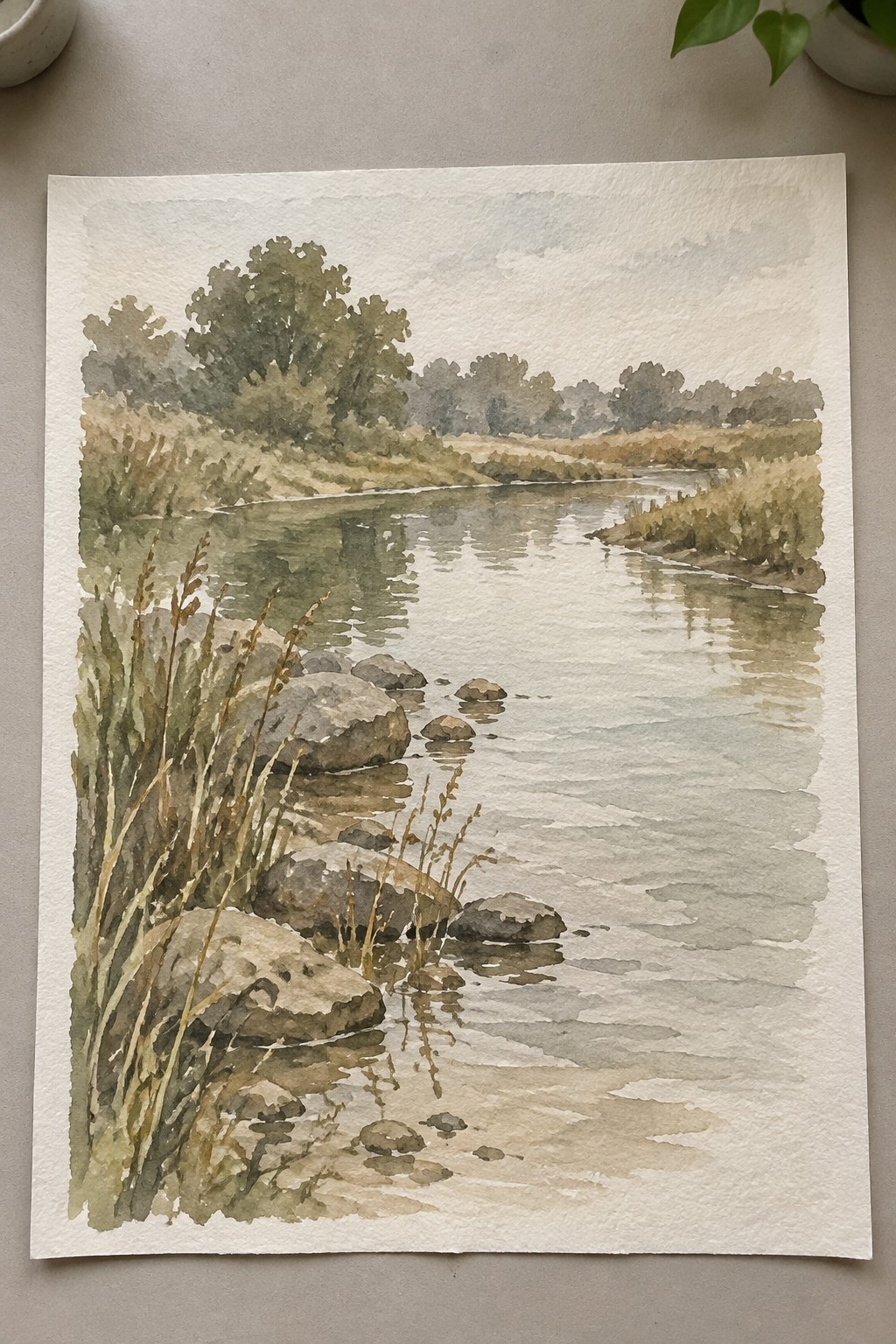 Watercolor river landscape with foreground rocks, reeds, and tree-lined banks.