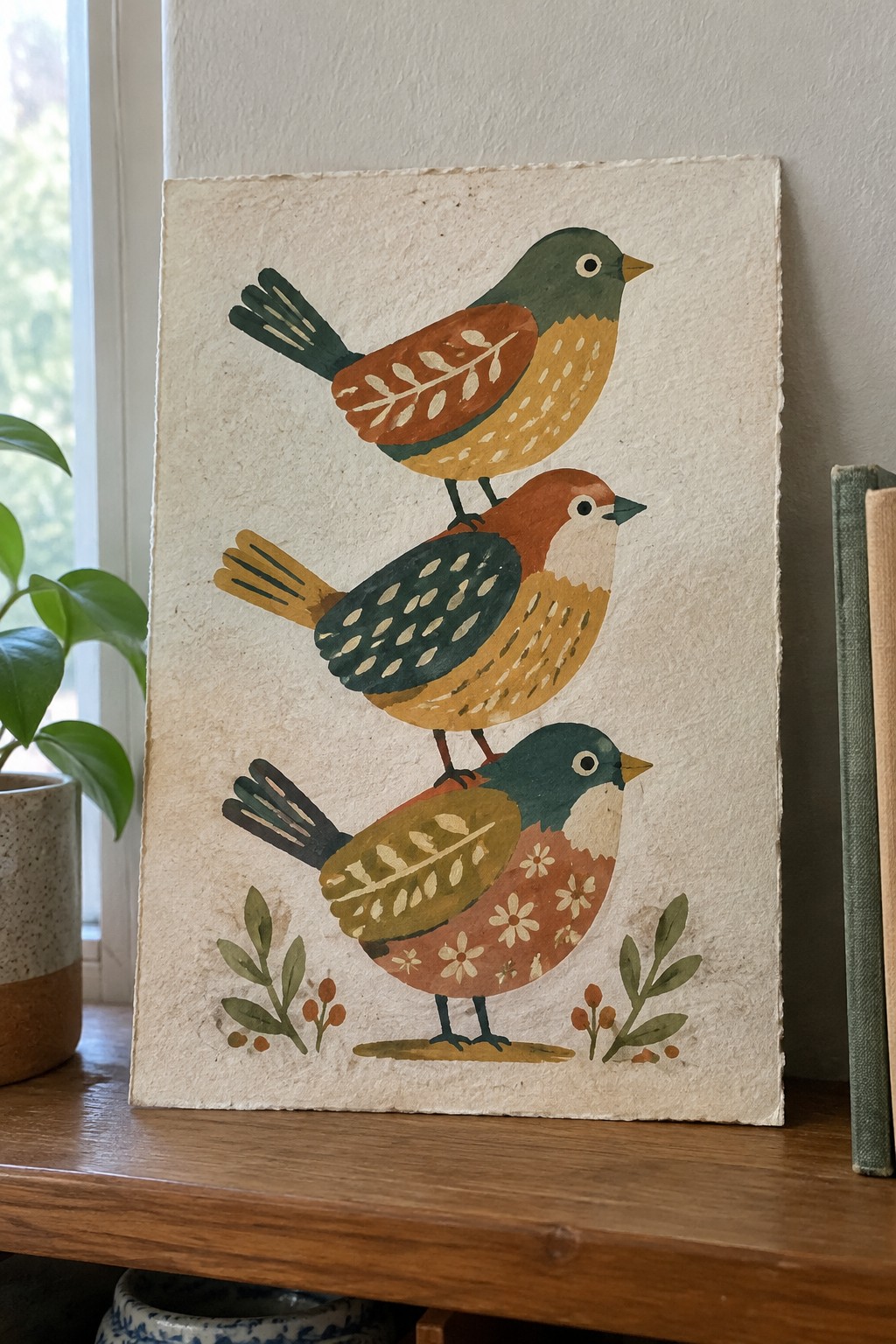 Three stacked colorful birds painted on textured paper with leaf and flower motifs.