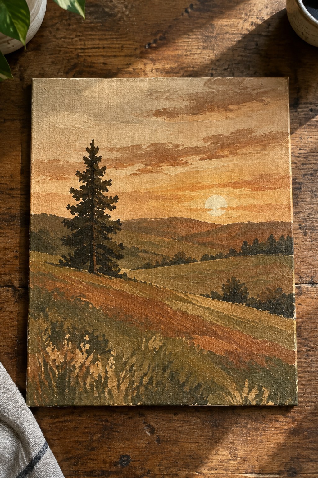 Sunset landscape painting with pine tree on wooden table beside plants and cloth