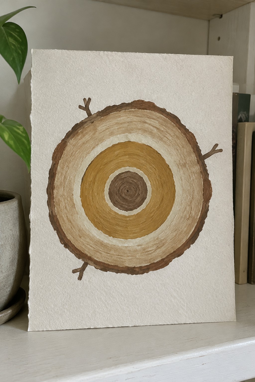 Painted tree cross section with concentric brown and yellow rings on textured paper