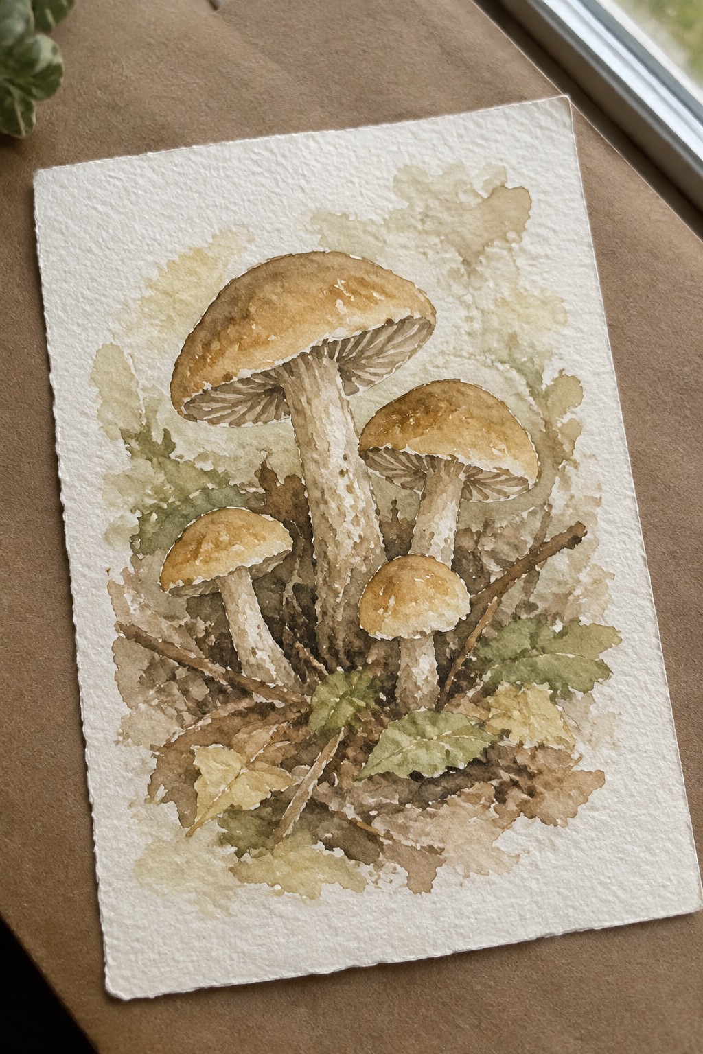 Watercolor painting of four brown mushrooms amid dry leaves and twigs on forest floor.