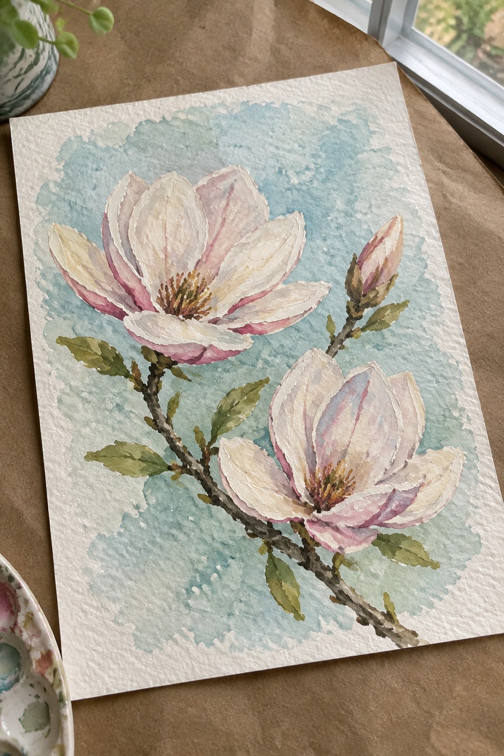 Watercolor painting of pink magnolias on a branch with blue wash background and green leaves