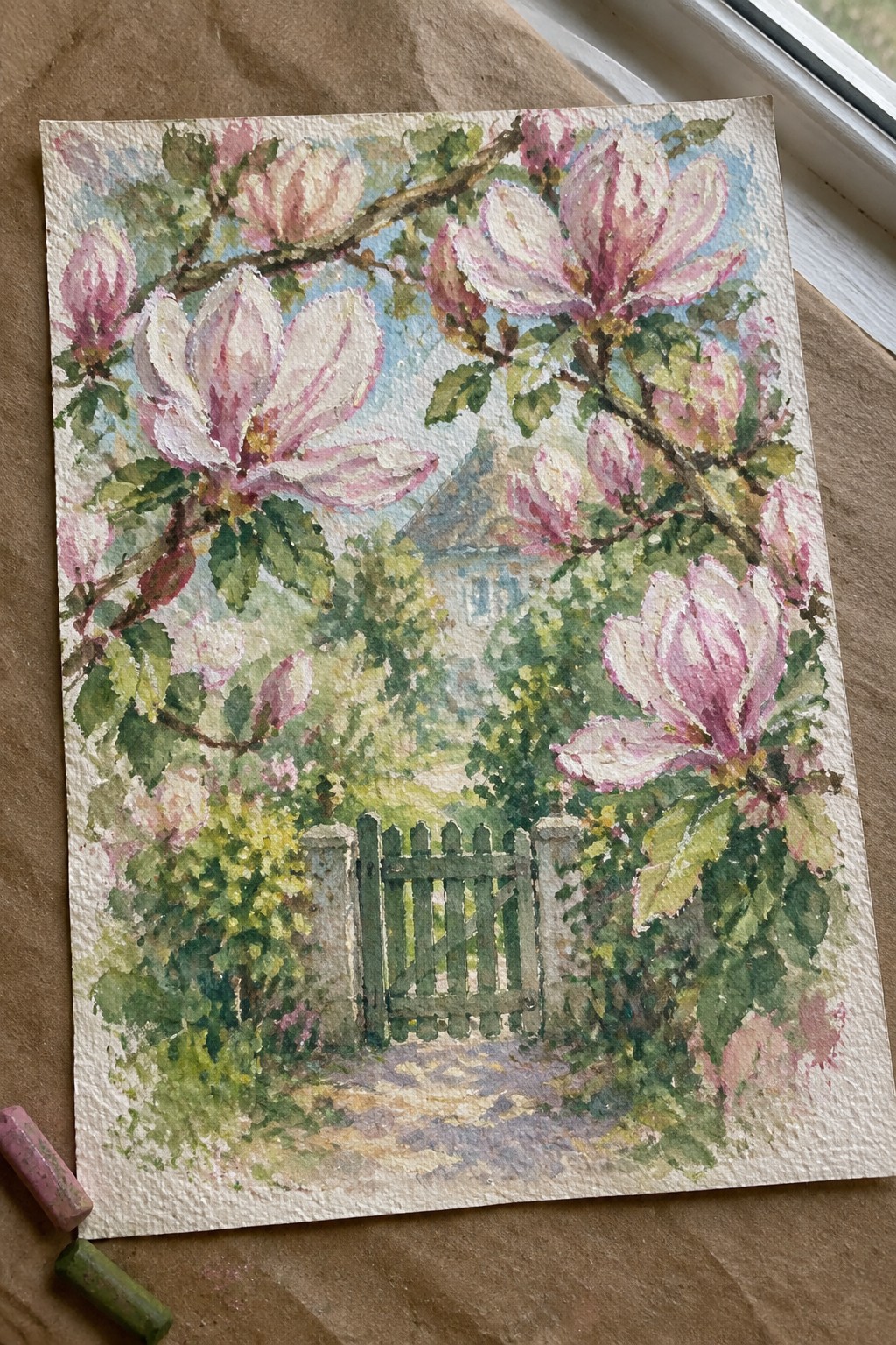 Watercolor of pink magnolia blooms over a green garden gate with house beyond
