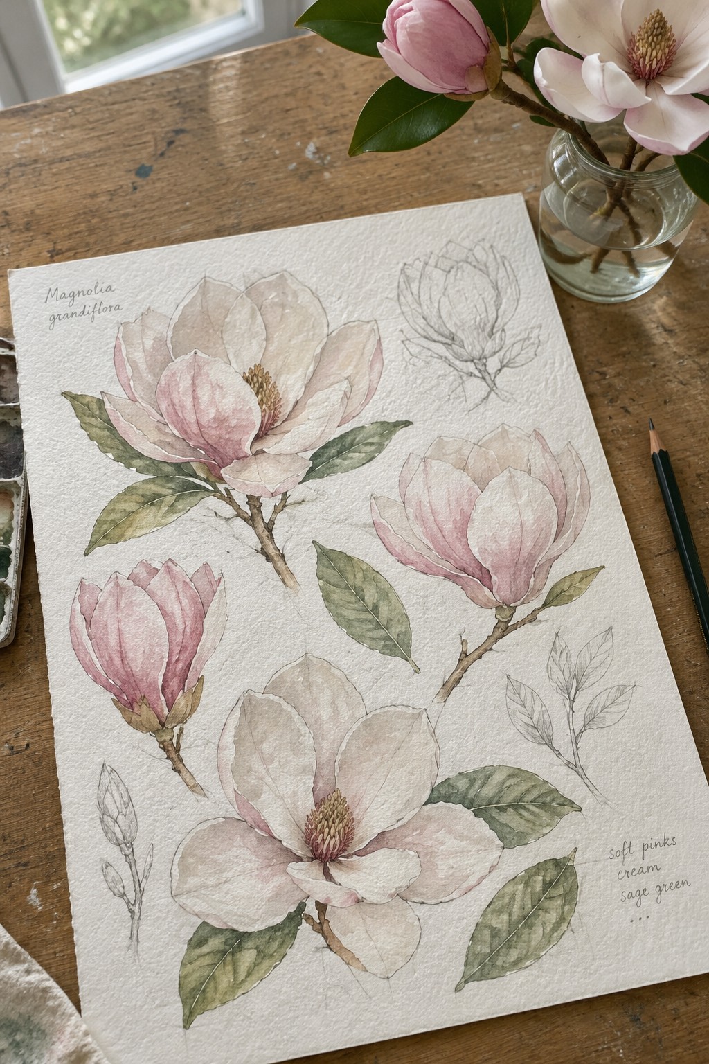 Watercolor study of pink magnolias with sketches, leaves, and fresh blooms on wood