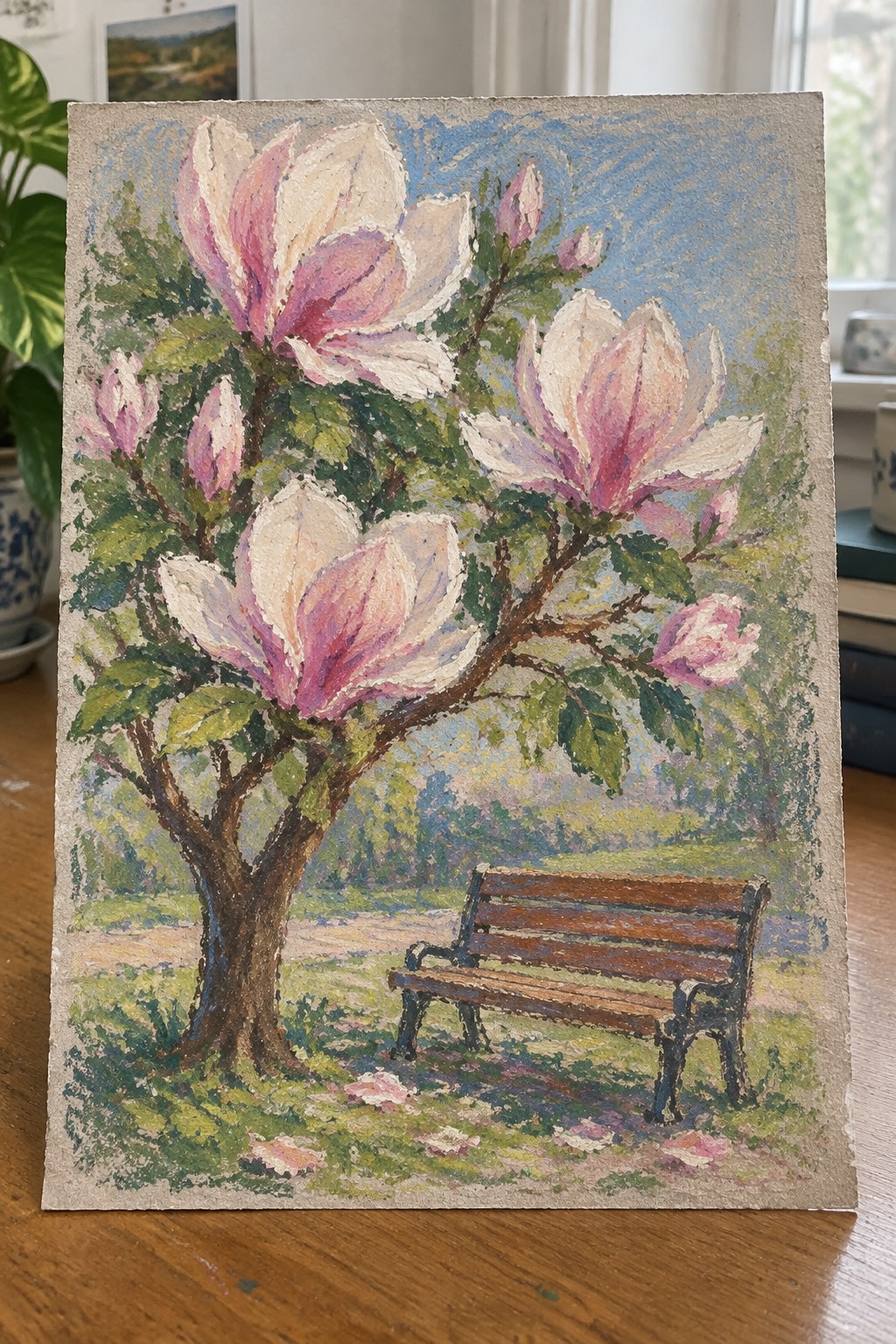 Impressionistic painting of pink magnolia tree beside wooden park bench with fallen petals