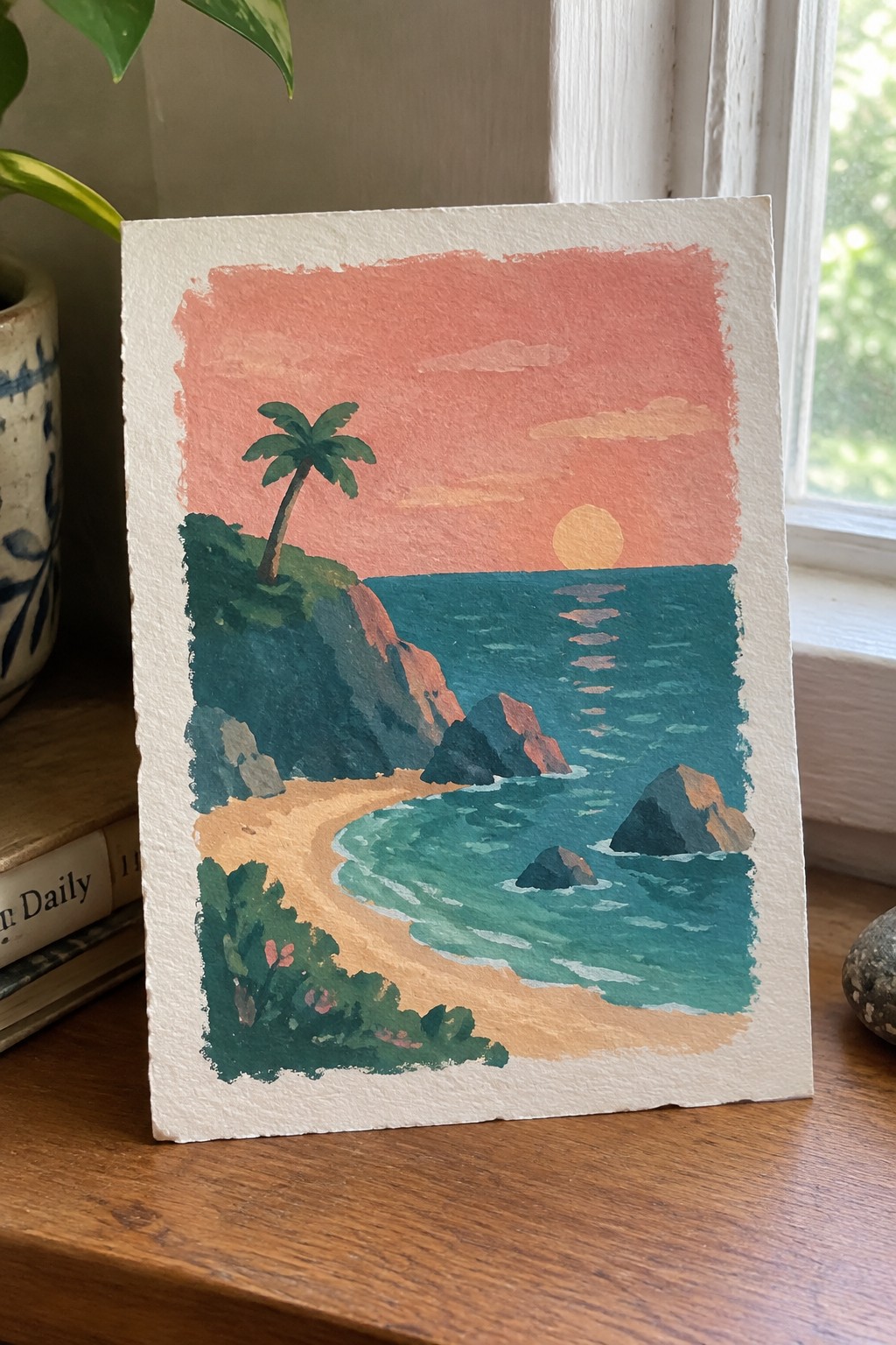 Watercolor painting of sunset over turquoise ocean with palm tree on cliff and sandy beach