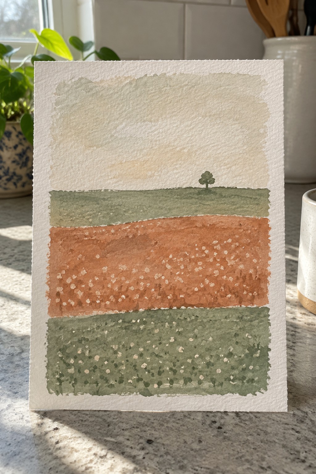 Watercolor landscape with green and orange field bands, pale sky, and lone tree.