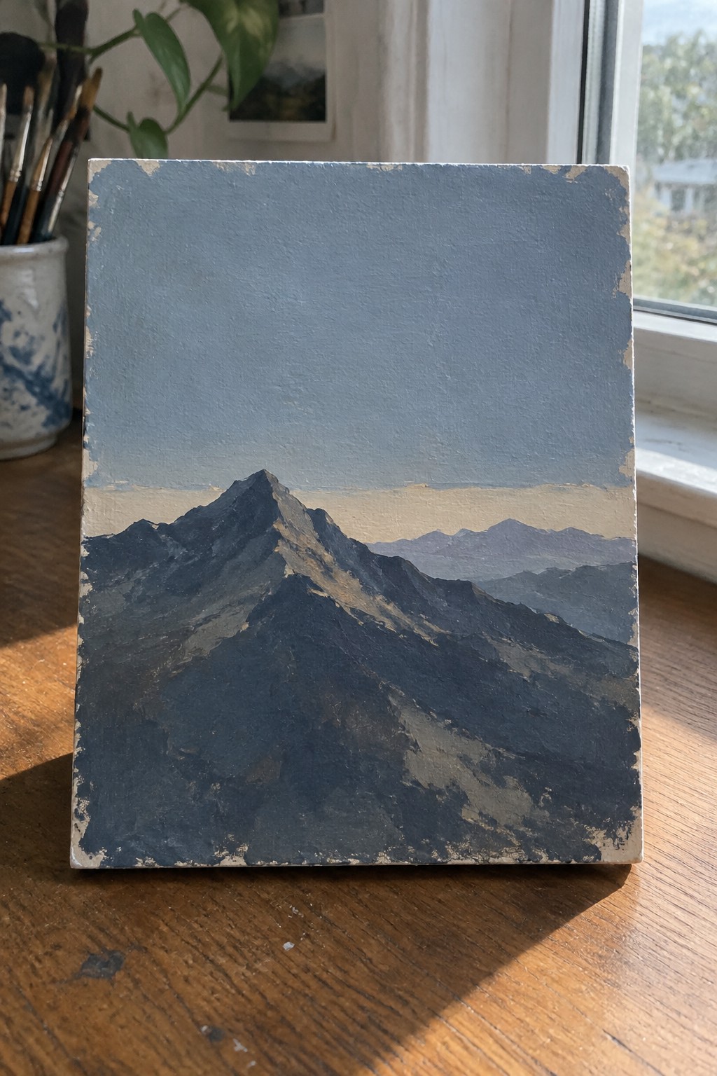 Dark mountain landscape painting on small canvas atop wooden table near window