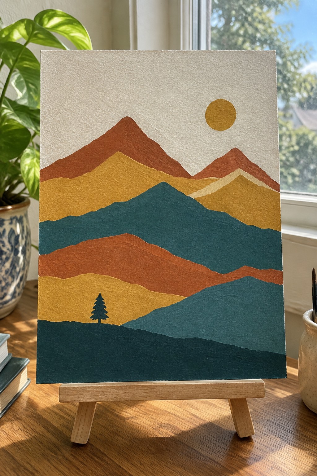 Layered abstract mountains in rust, gold, and teal with sun and pine tree on easel