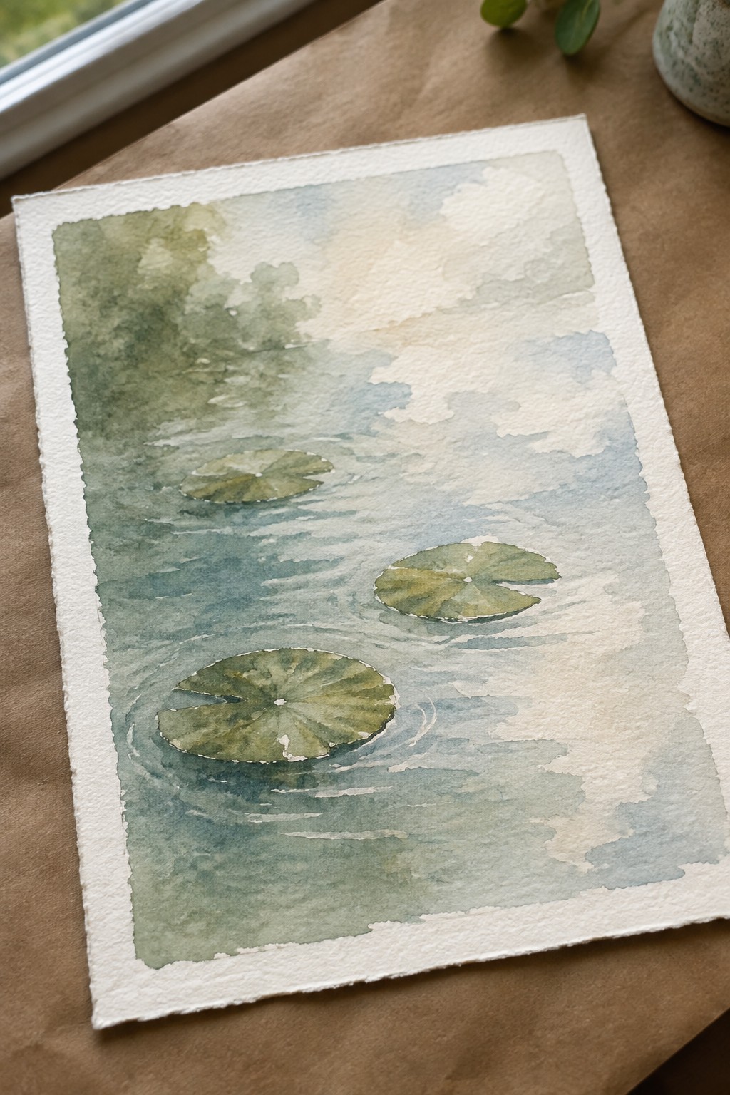 Watercolor painting of three green lily pads floating on rippled blue water