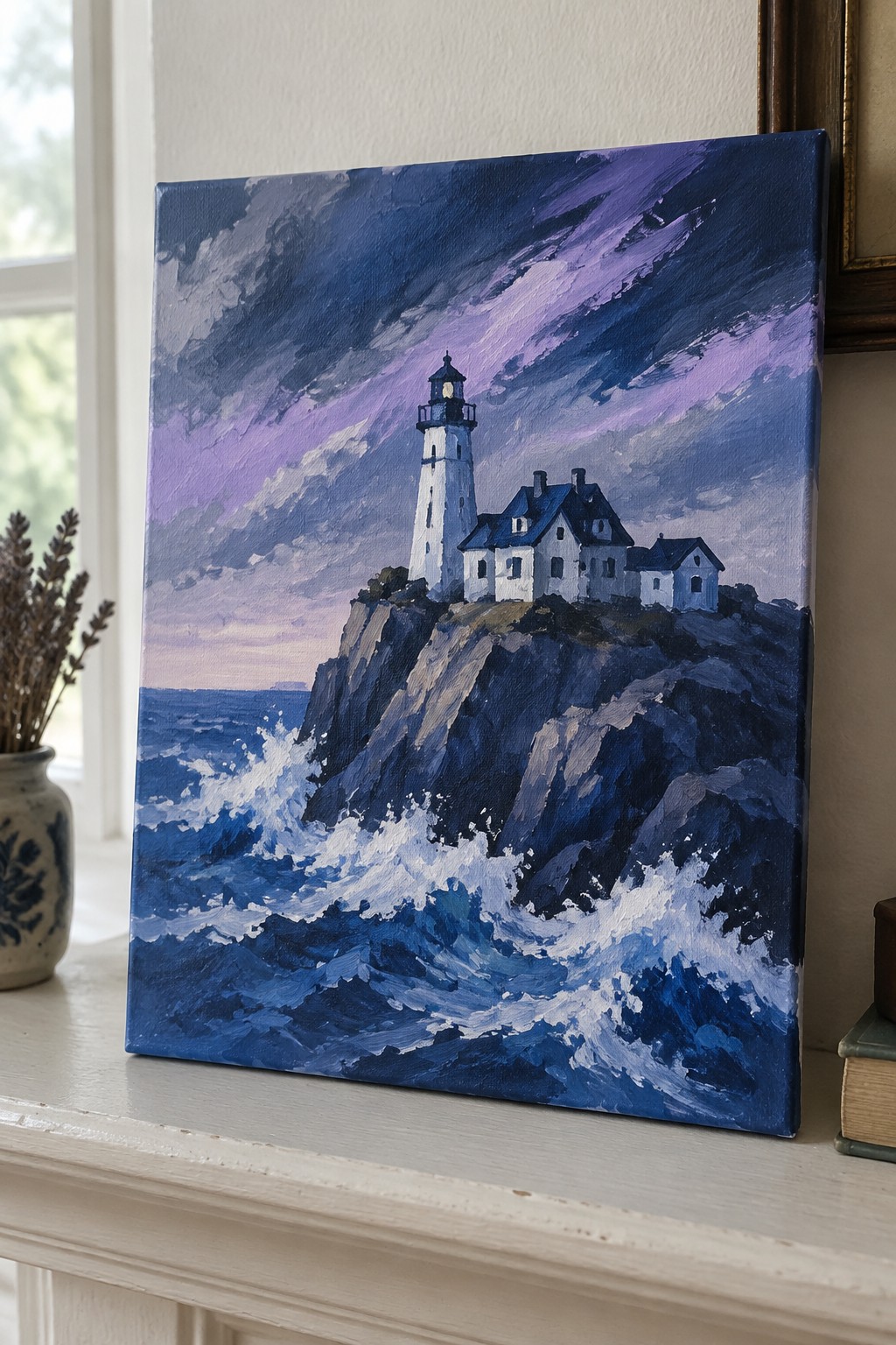 Dramatic painting of white lighthouse on rocky cliff with crashing waves under stormy purple sky