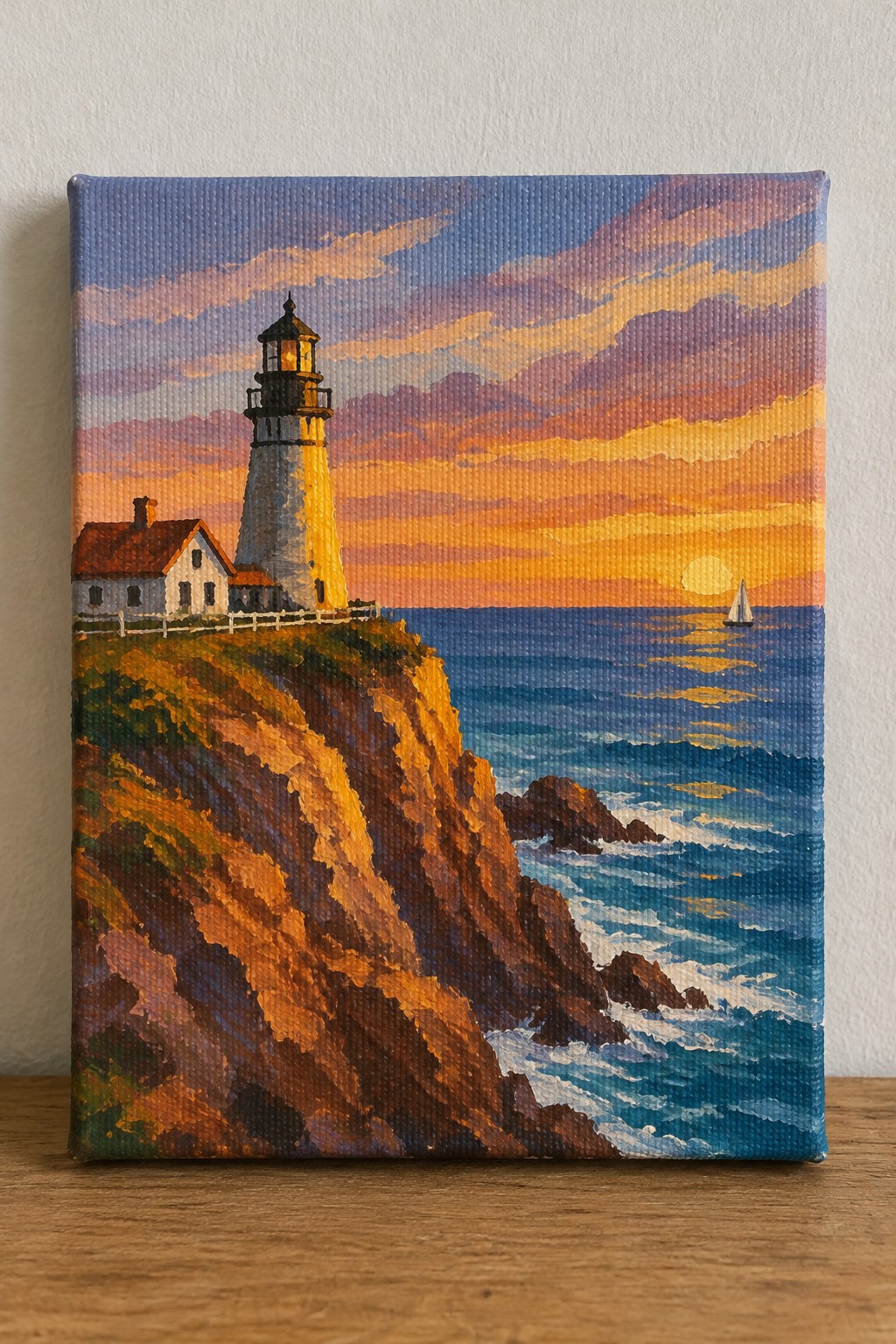 Lighthouse and house on orange cliff at sunset over blue ocean with sailboat