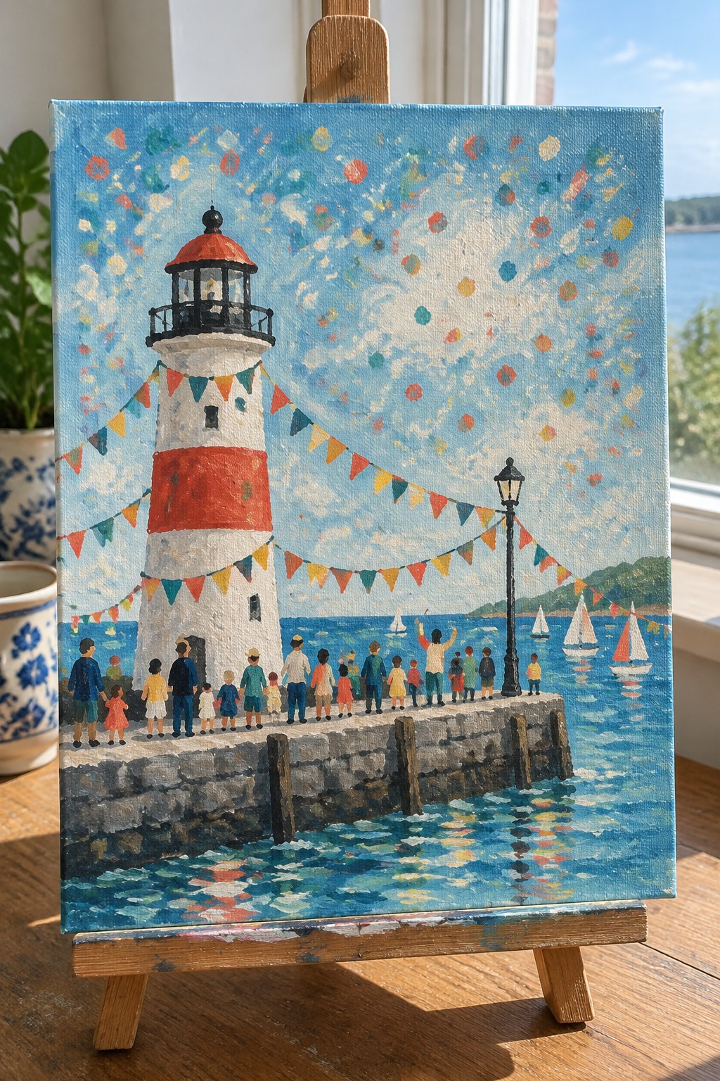 Festive painting of red-striped lighthouse, bunting flags, crowd on stone pier with sailboats