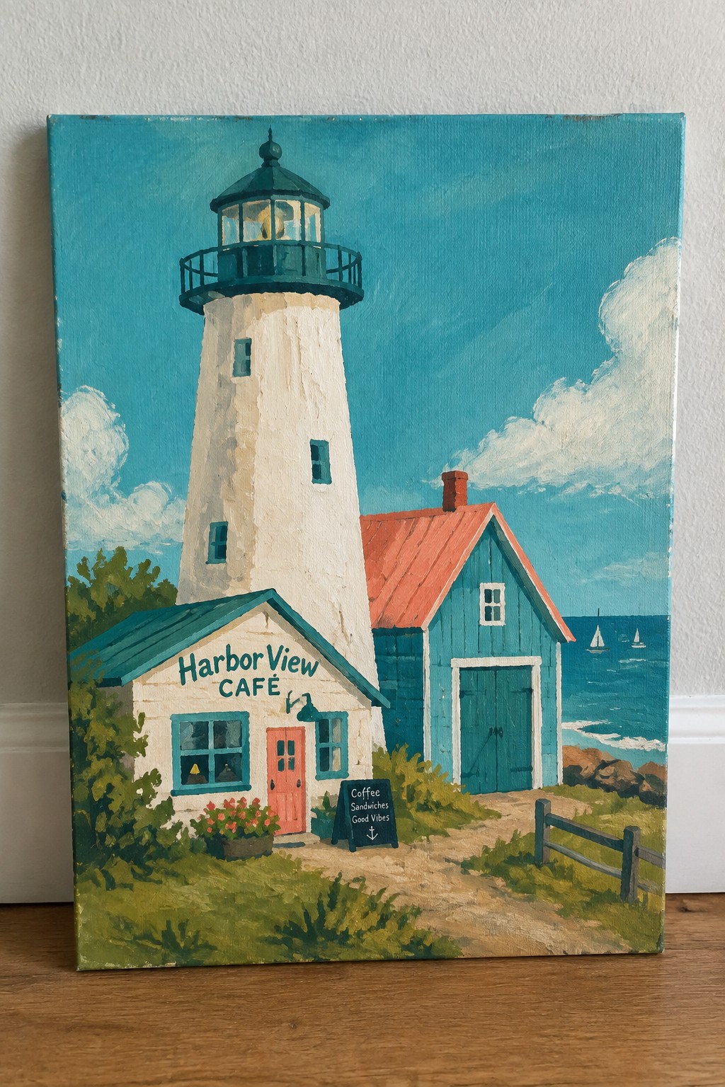White lighthouse with green top beside Harbor View Cafe by blue ocean with sailboats