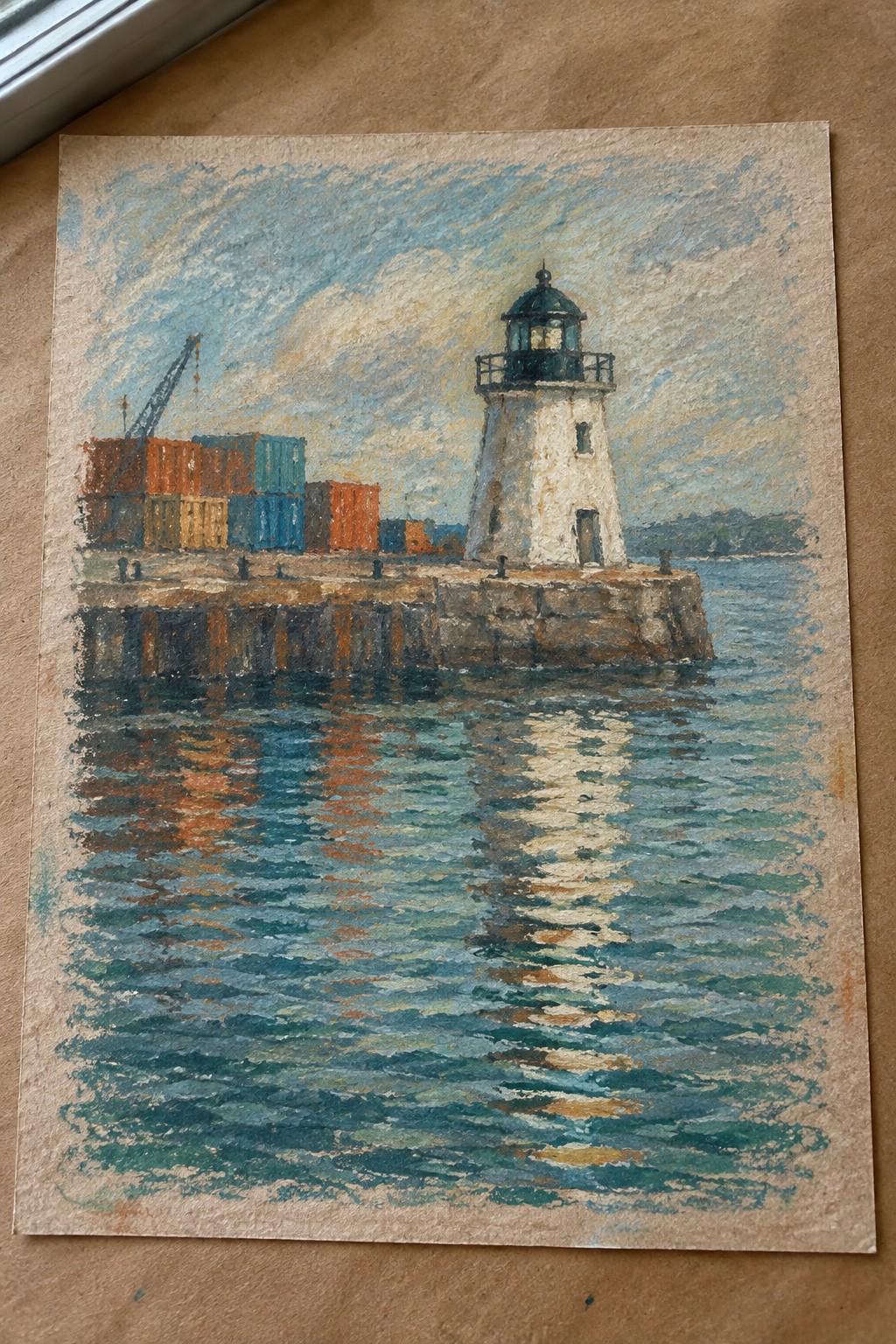 Textured painting of white lighthouse on pier with colorful containers reflected in blue water.