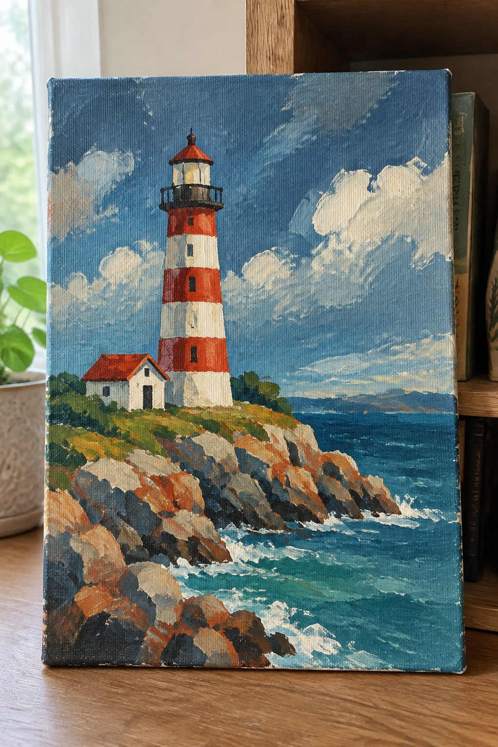 Vibrant painting of red-and-white lighthouse on rocky cliff above blue ocean waves