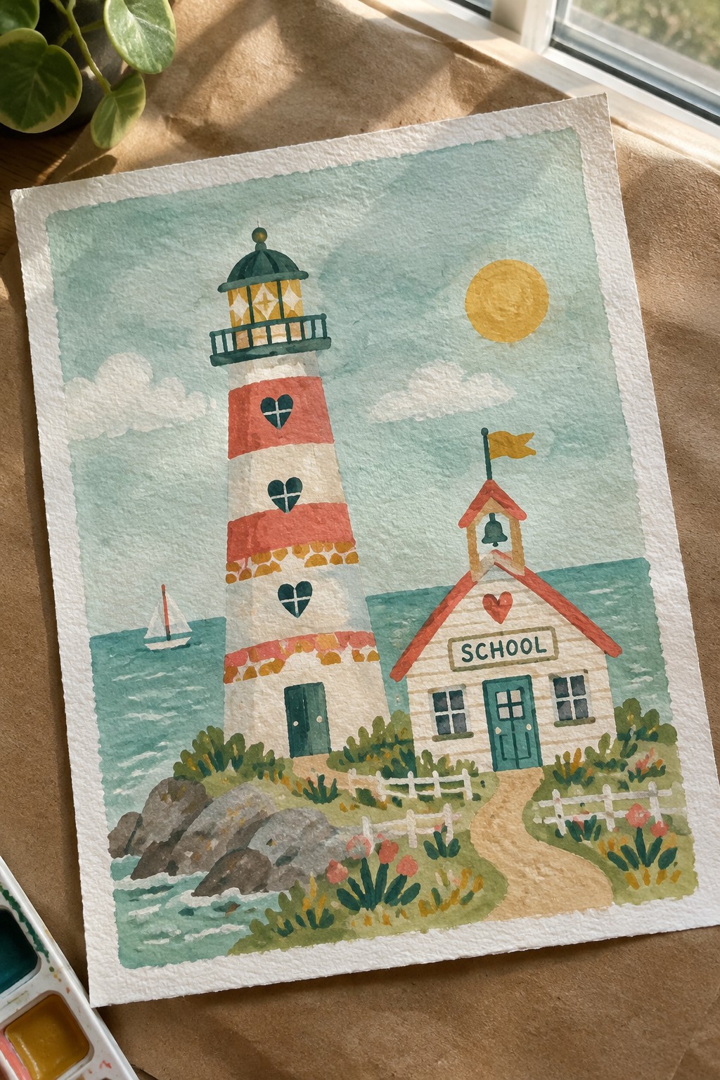 Watercolor of red-striped lighthouse with hearts beside schoolhouse by the sea.