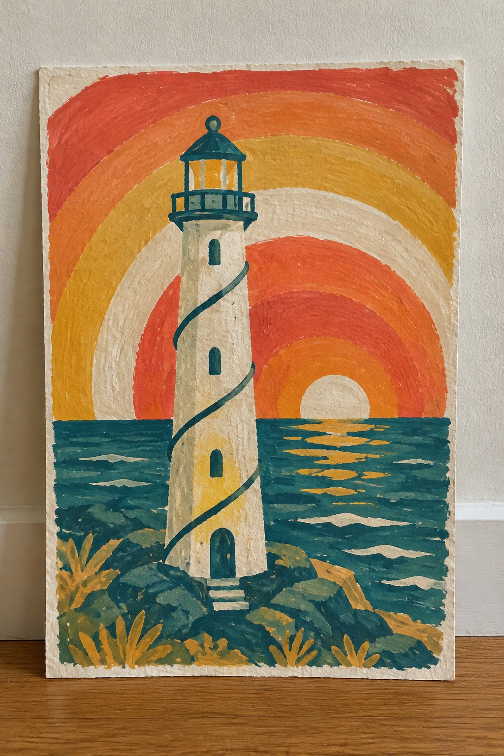 Vibrant painted lighthouse with green spiral against concentric orange sunset over teal ocean
