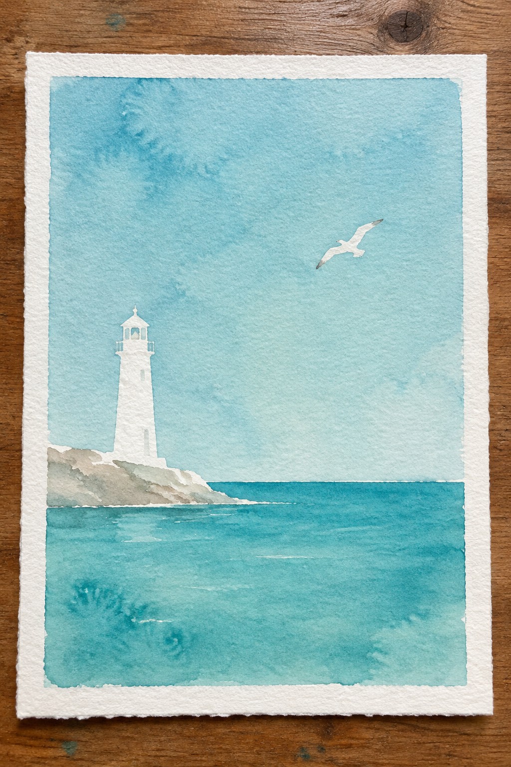 Watercolor of white lighthouse on rocky cliff by turquoise sea with flying gull