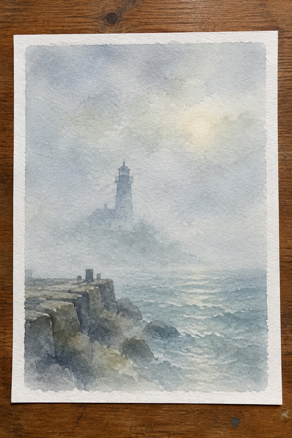Watercolor of lighthouse on misty rocky cliff above crashing ocean waves
