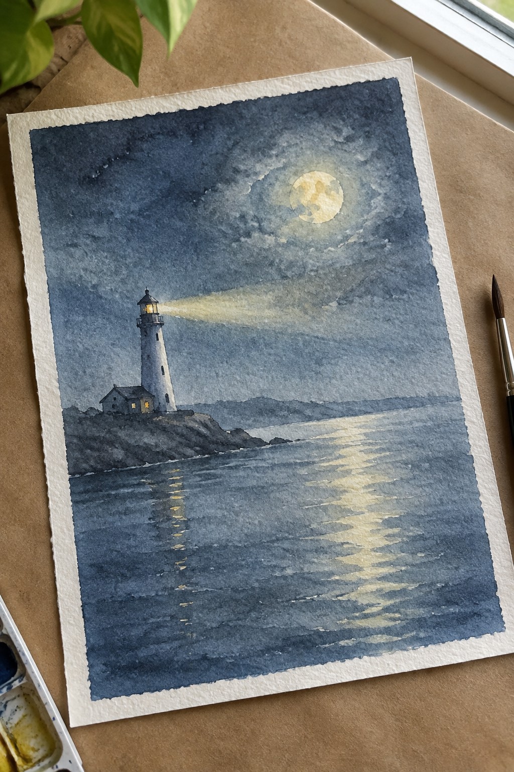 Watercolor painting of lighthouse beaming light under full moon onto dark reflective sea.