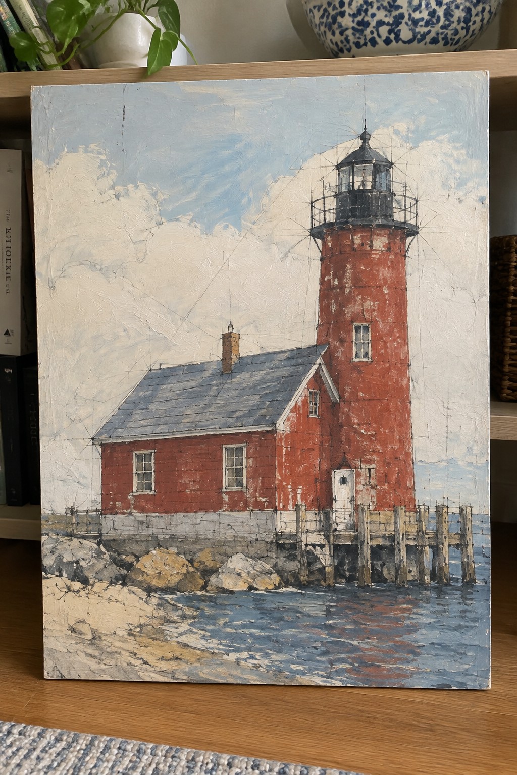 Thickly textured painting of red lighthouse and house on rocky shoreline with pier.