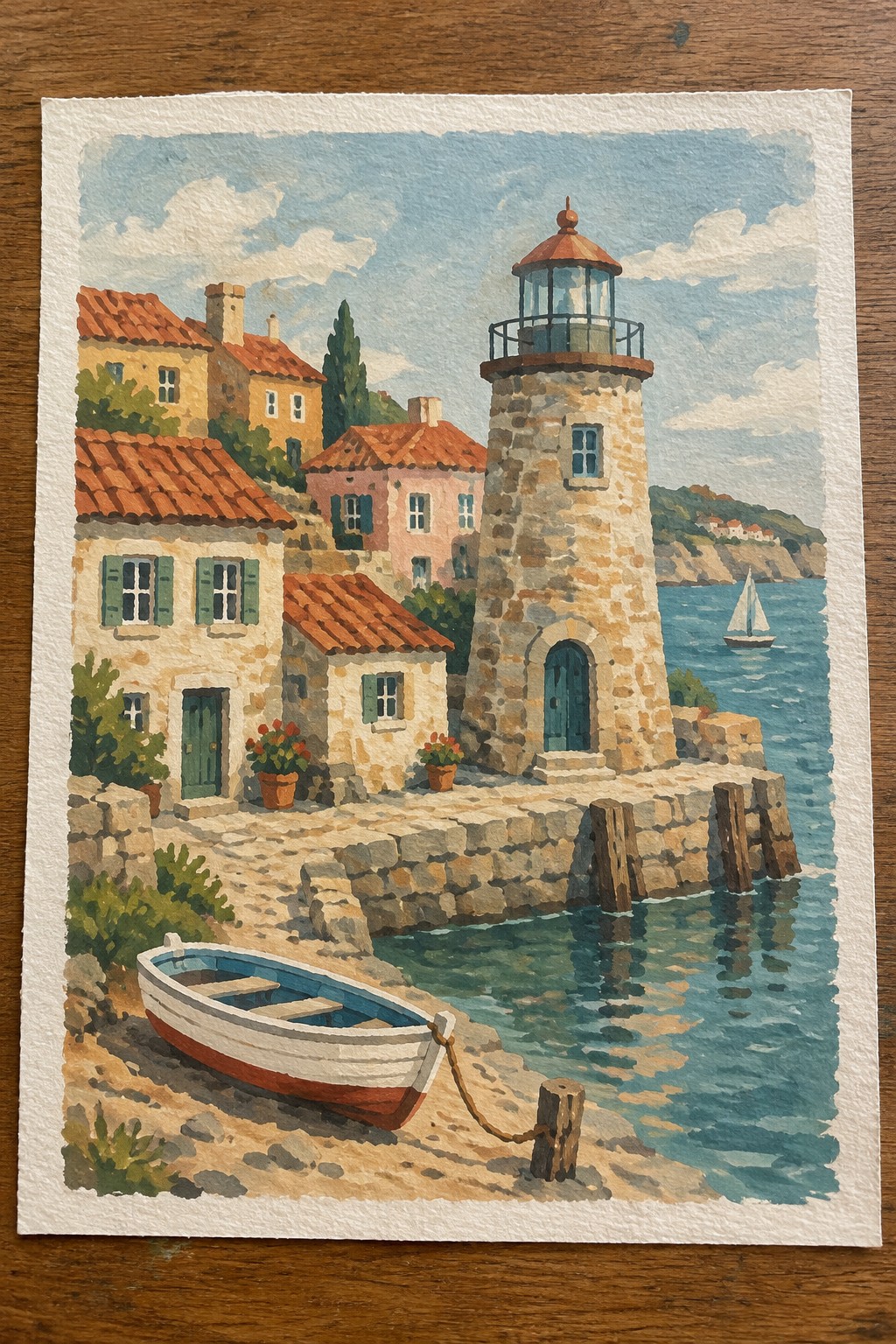 Watercolor of stone lighthouse, colorful houses, and rowboat by blue sea.