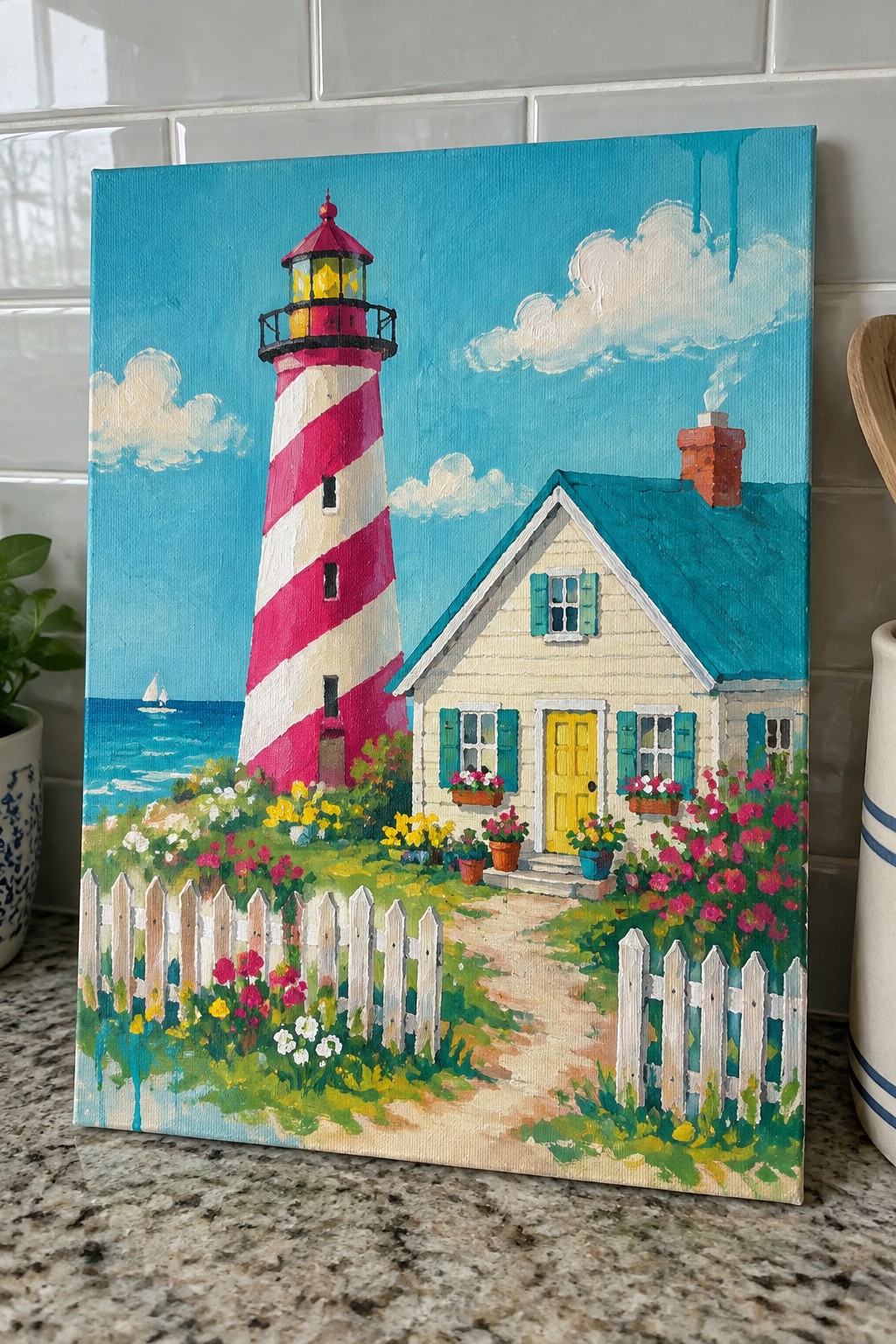 Vibrant painting of red-and-white striped lighthouse beside yellow-doored cottage with flowers and sea