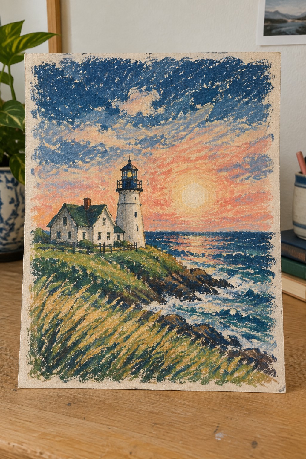 White lighthouse and house on grassy cliff by crashing waves under vibrant sunset sky