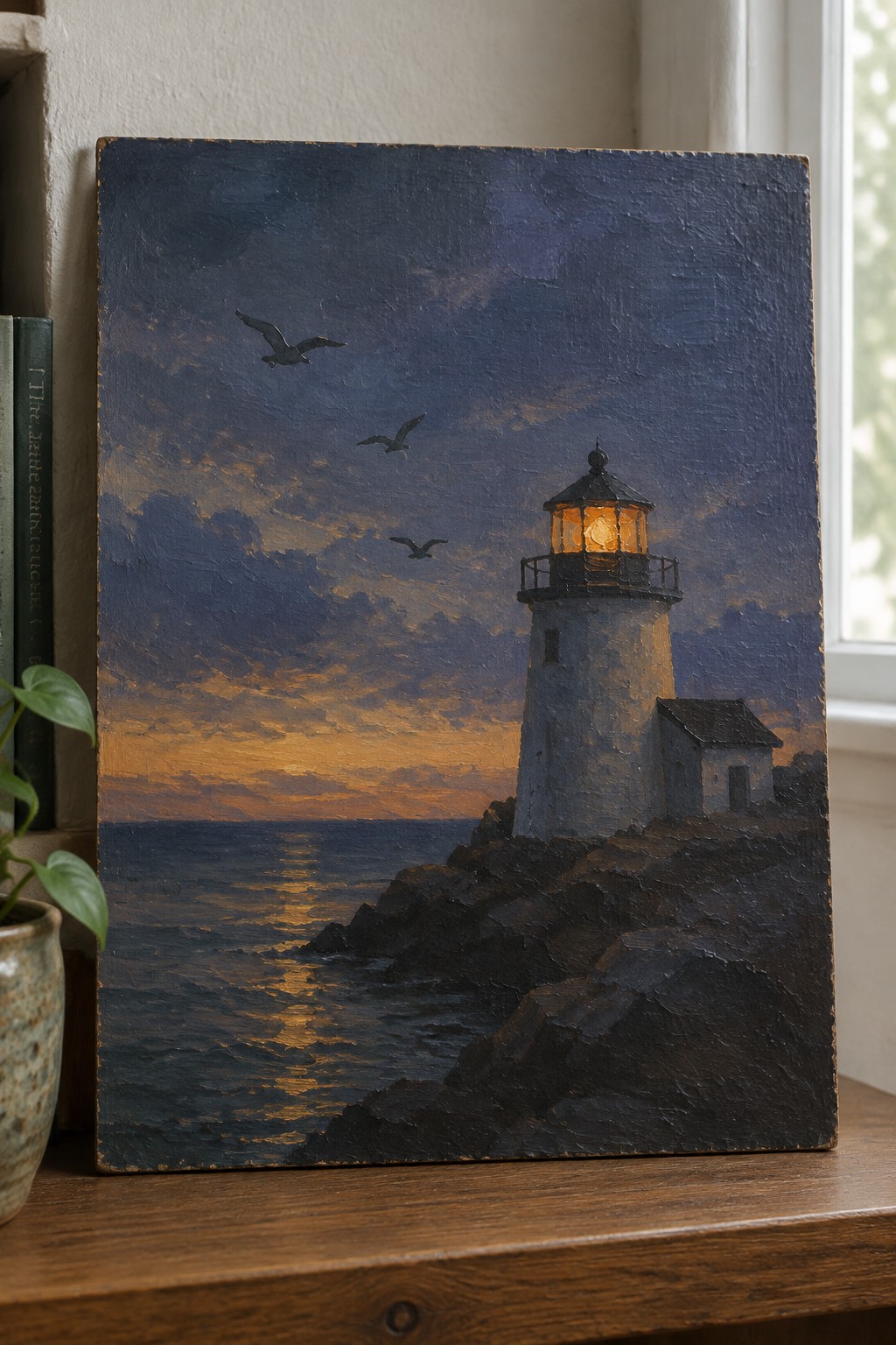 Oil painting of glowing lighthouse on rocky cliffs at sunset with flying birds