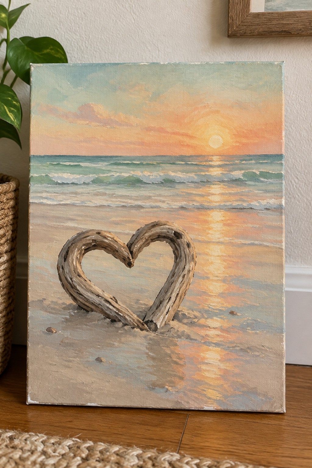 Canvas painting of driftwood heart on sandy beach at ocean sunset with waves