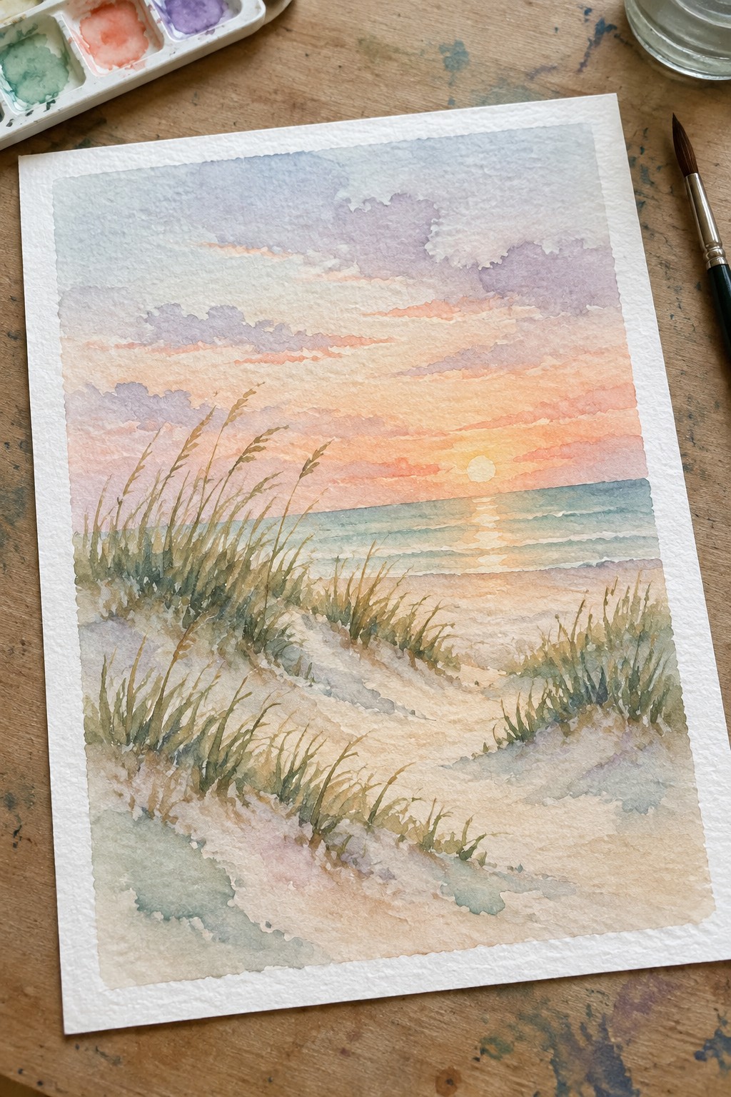 Watercolor beach sunset with dunes, sea grass, ocean, and colorful sky, palette nearby.