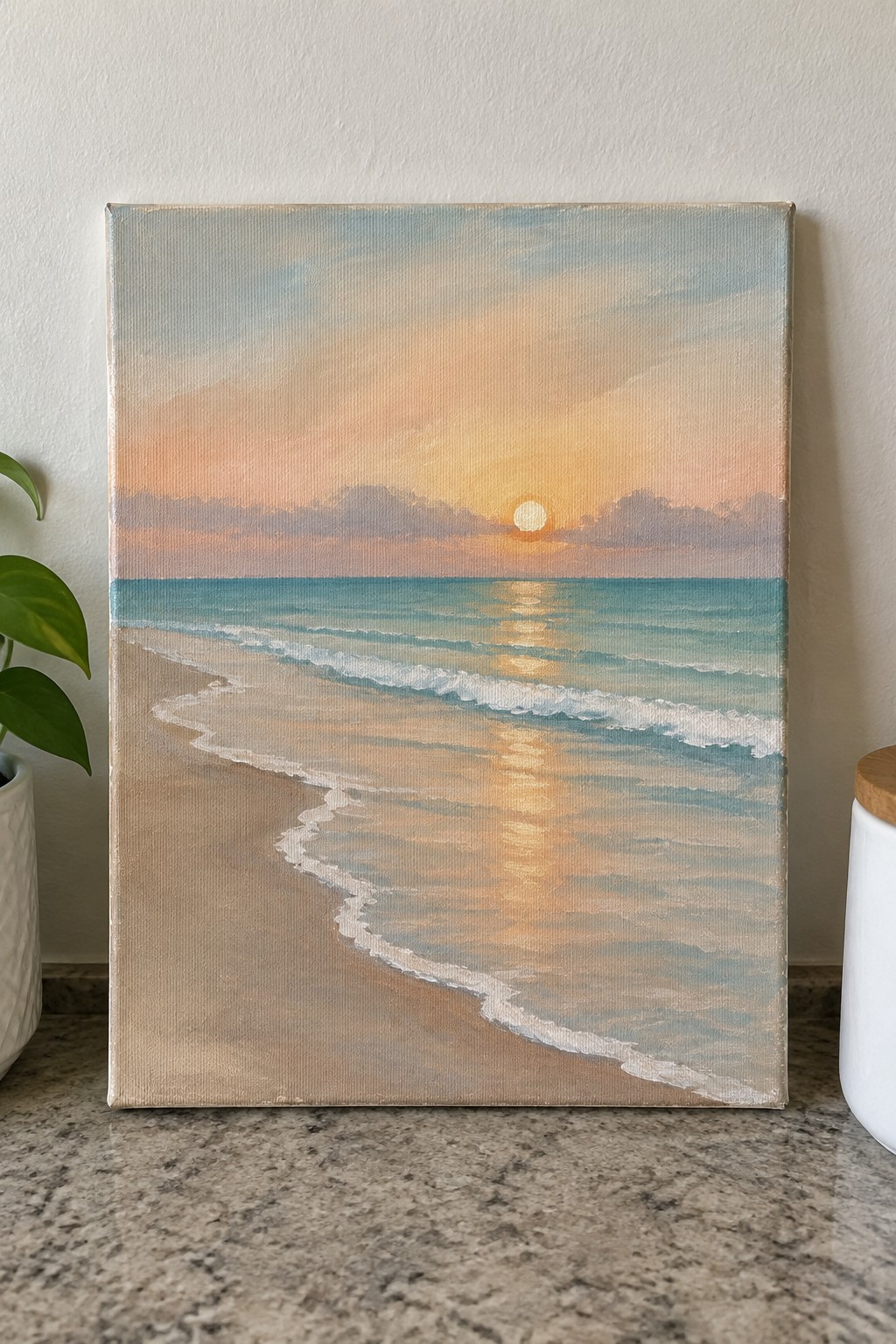 Sunset beach painting on canvas with turquoise waves and golden sun reflection