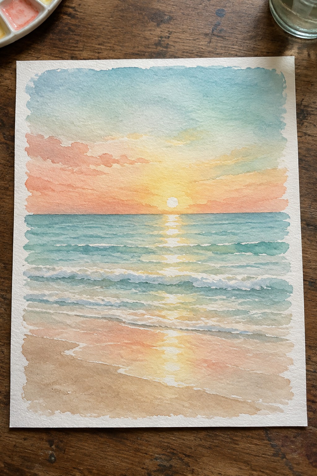 Watercolor painting of an ocean sunrise with the sun on the horizon, pink and yellow sky, layered blue-green waves, and a sandy beach with light reflections.