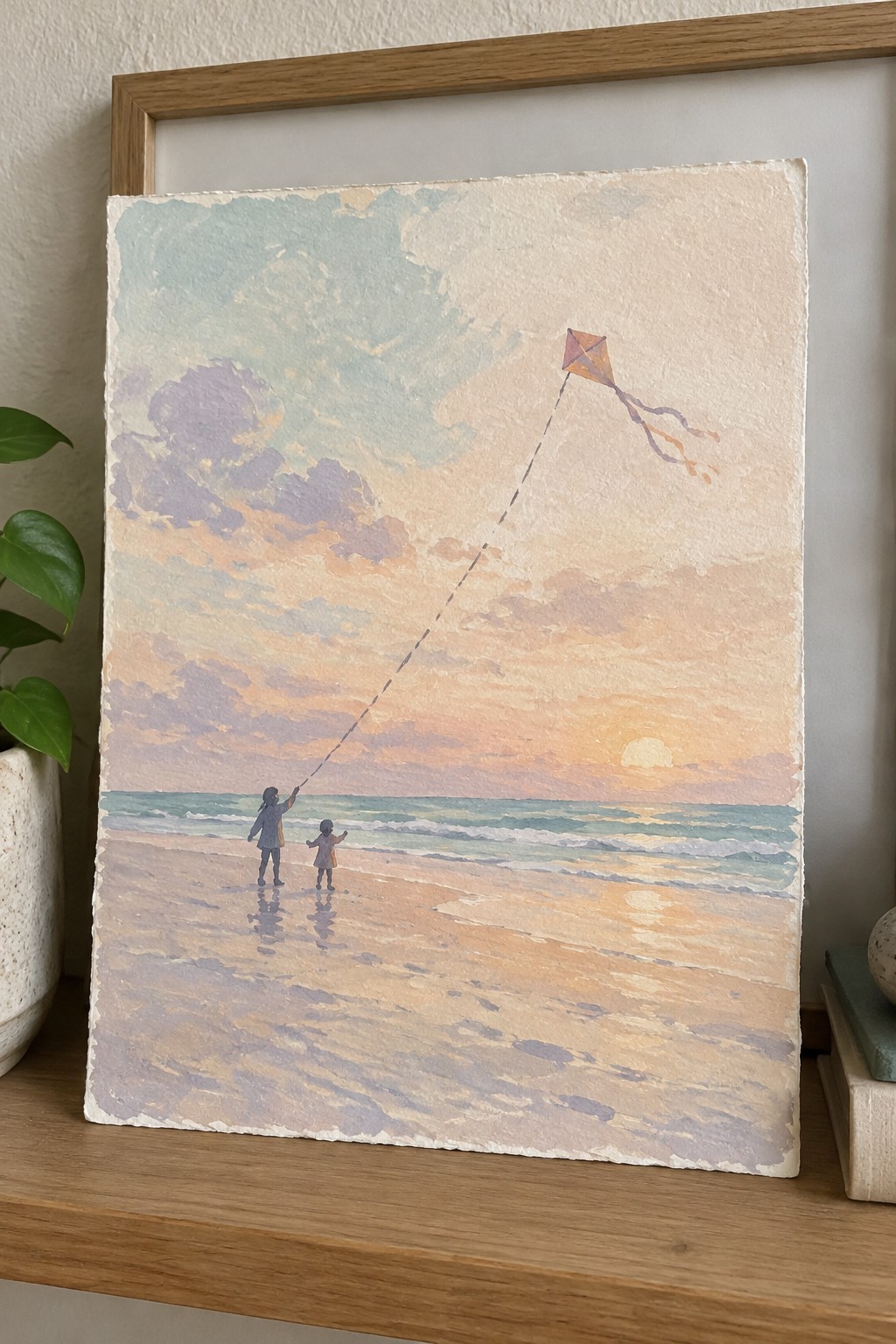 Watercolor of two children flying a kite on a pastel beach at sunset