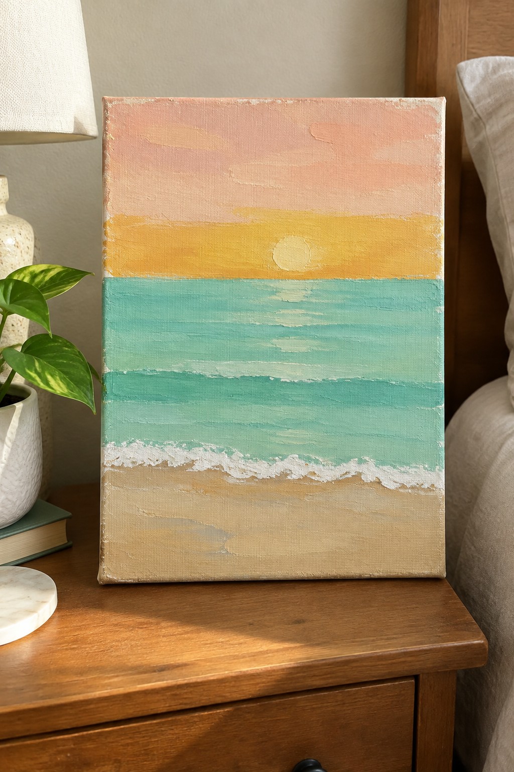 Colorful sunset beach painting with peach sky, yellow sun, teal waves, and sandy shore on nightstand