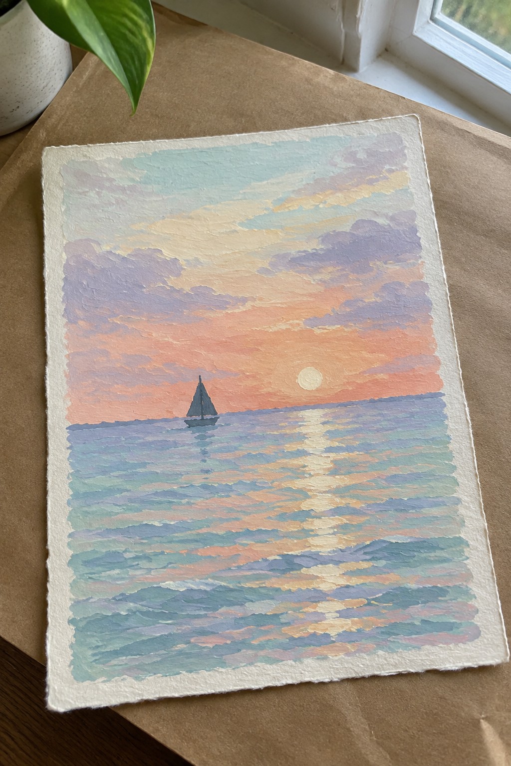 Textured painting of sailboat on vibrant ocean under pink-orange sunset sky
